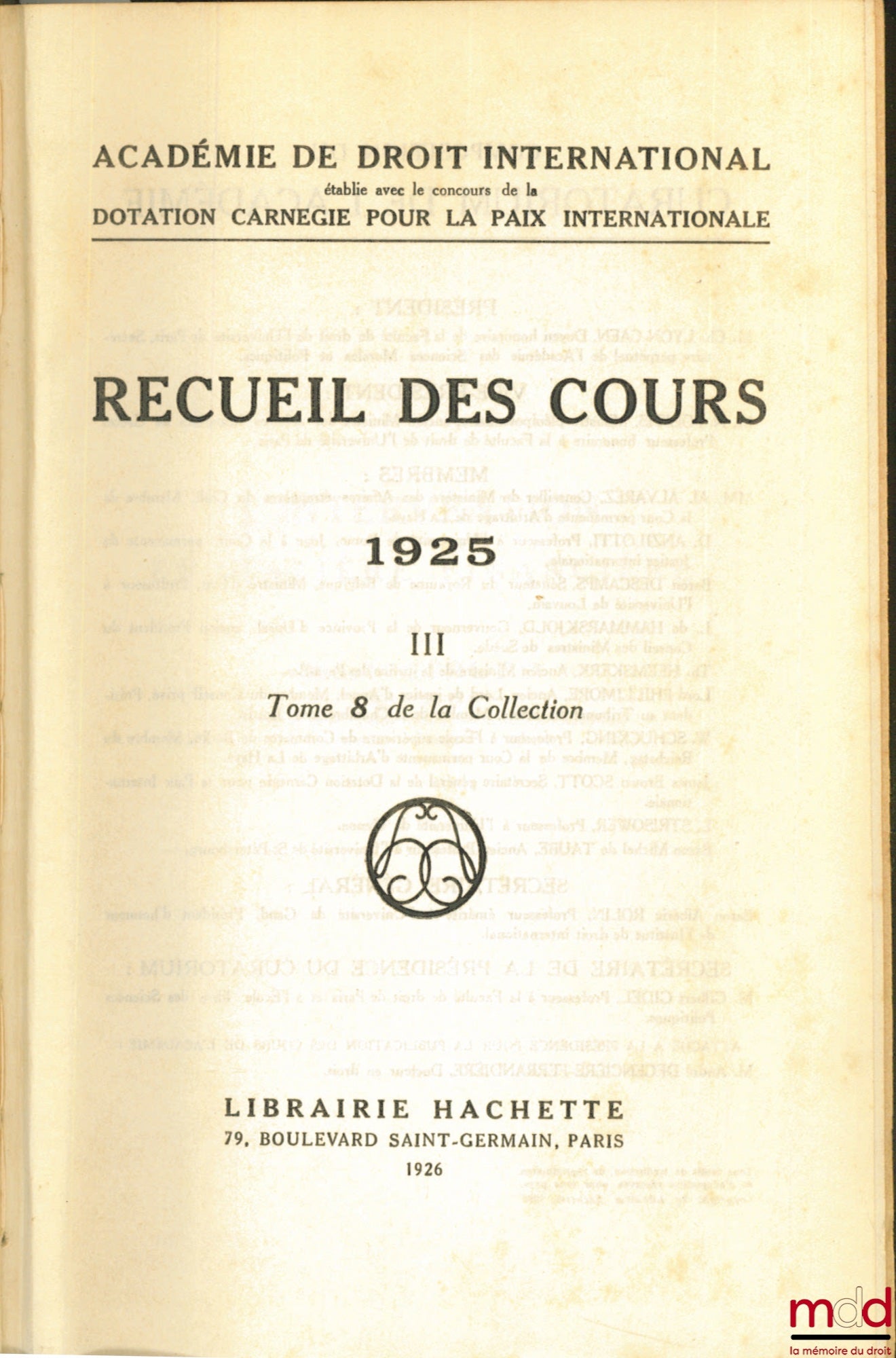 Collectif – RECUEIL DES COURS, Académie de droit international, 1925 -III, t. 8 de la collection