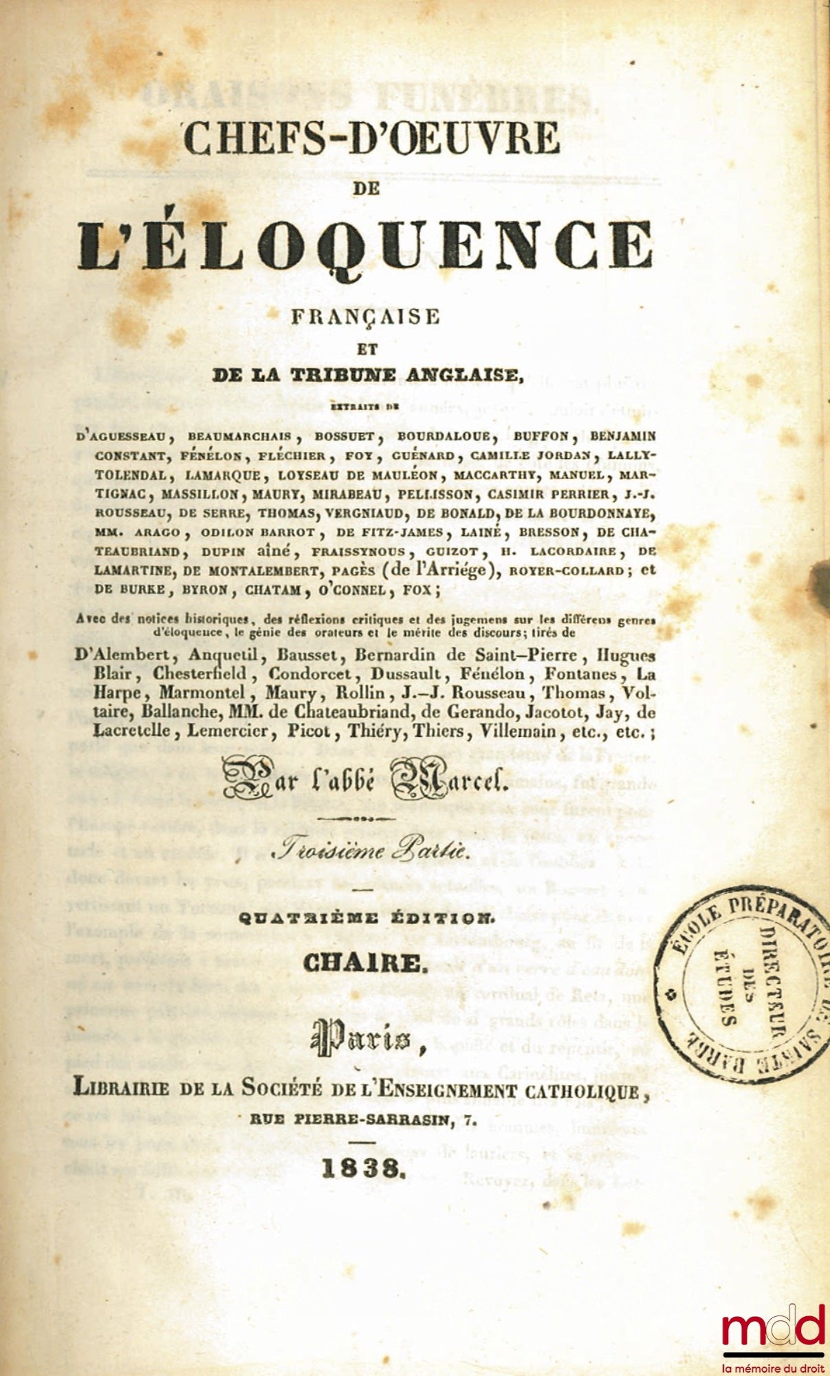MARCEL (l’abbé) et CHAIRE – CHEFS-D’ŒUVRE DE L’ÉLOQUENCE FRANÇAISE ET DE LA TRIBUNE ANGLAISE, 4ème éd. par CHAIRE, troisième partie