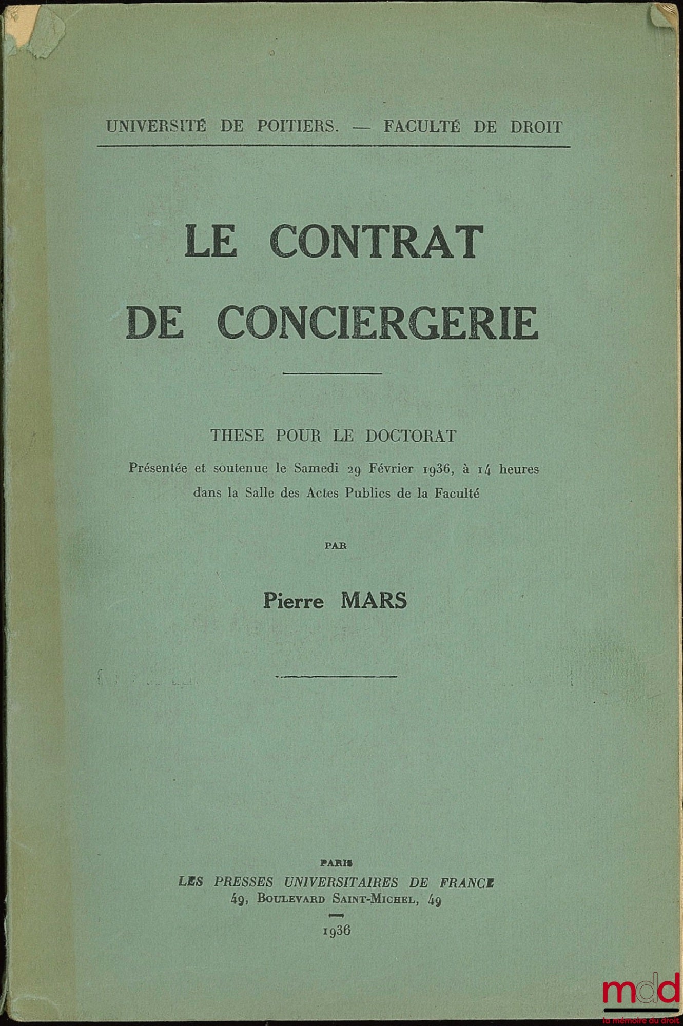 MARS (Pierre) – LE CONTRAT DE CONCIERGERIE, Faculté de droit de Poitiers