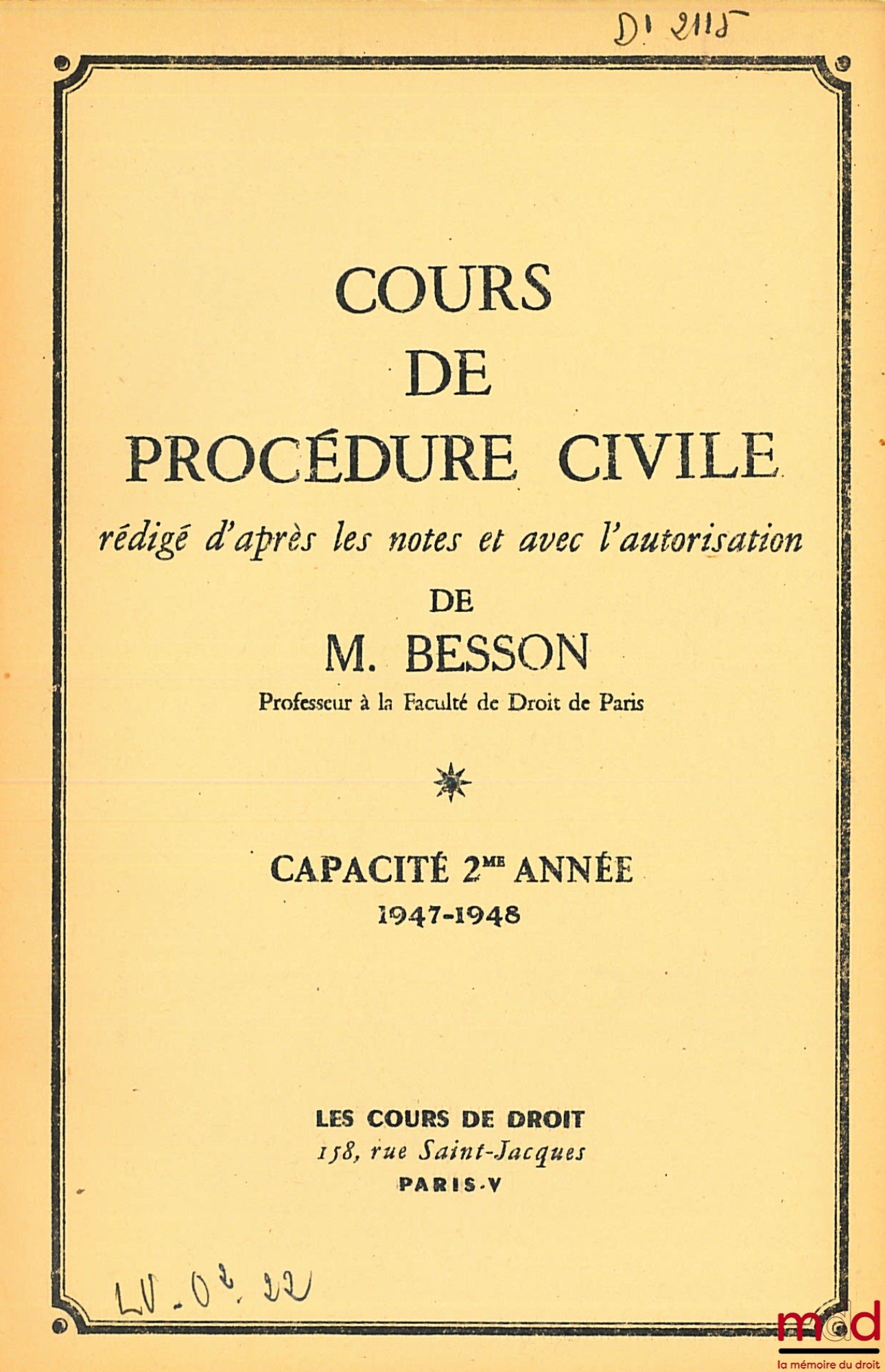 BESSON – COURS DE PROCÉDURE CIVILE, Capacité 2ème année, 1947-1948