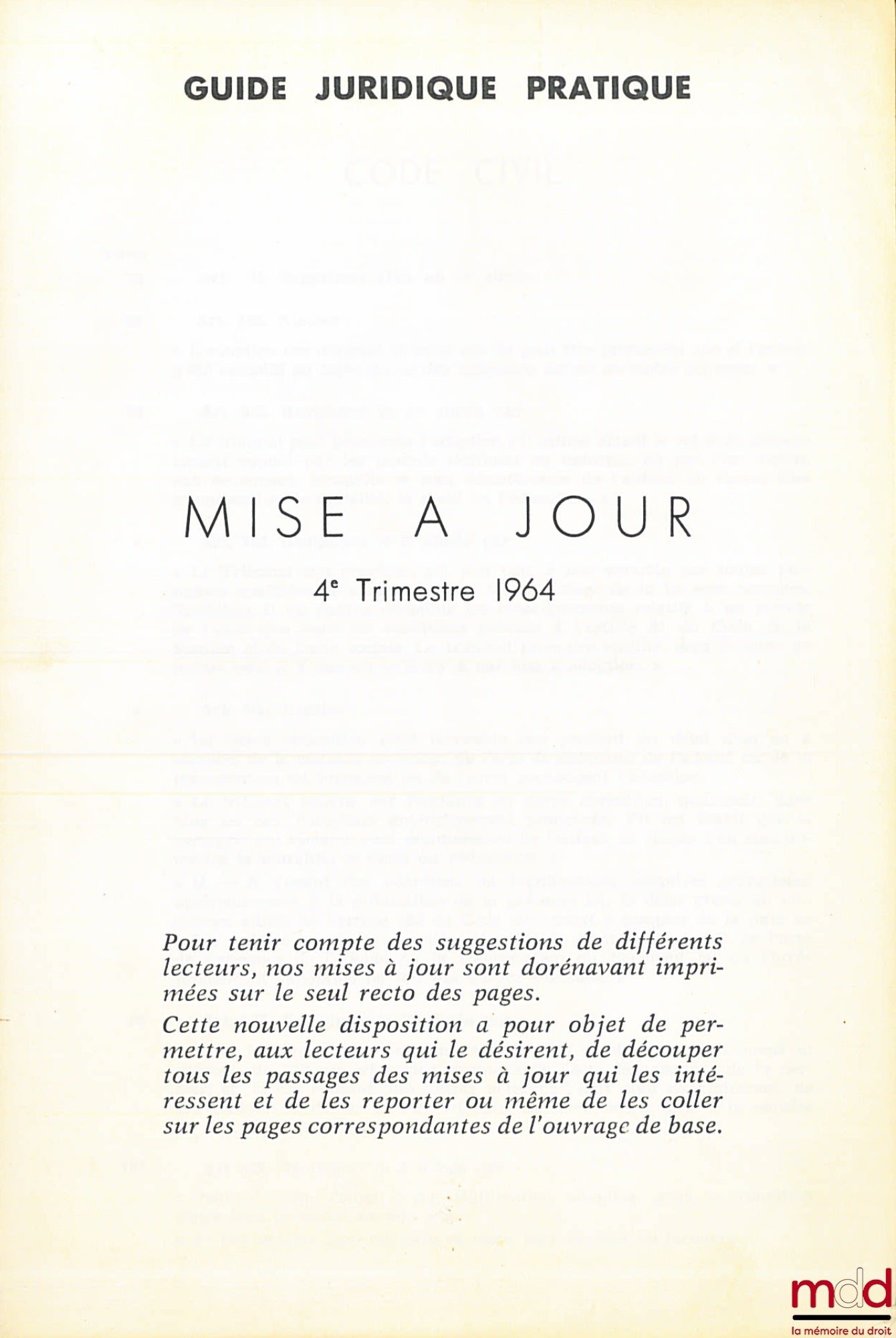 PRUVOST (Pierre) – LE GUIDE JURIDIQUE PRATIQUE avec mise à jour au 4e trimestre 1964