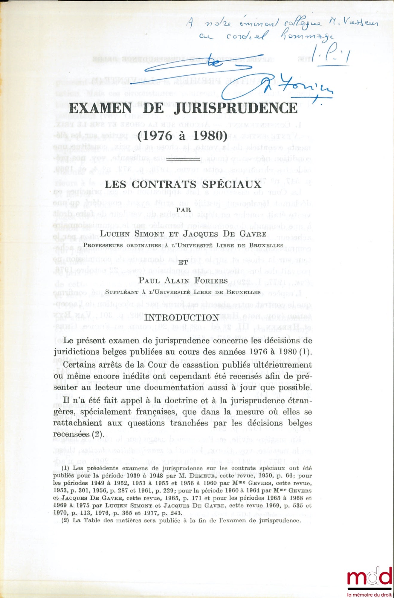 SIMONET (Lucien, GAVRE (Jacques de) et FORIERS (Paul Alain) – EXAMEN DE JURISPRUDENCE (1976-1980) LES CONTRATS SPÉCIAUX, extrait de la Revue critique de jurisprudence belge