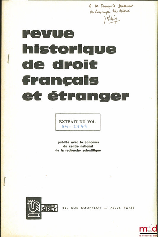 PASSAMANECK (Stephen M.) – INSURANCE IN RABBINIC LAW, extrait de la Revue historique de droit français et étranger n° 54, 1976