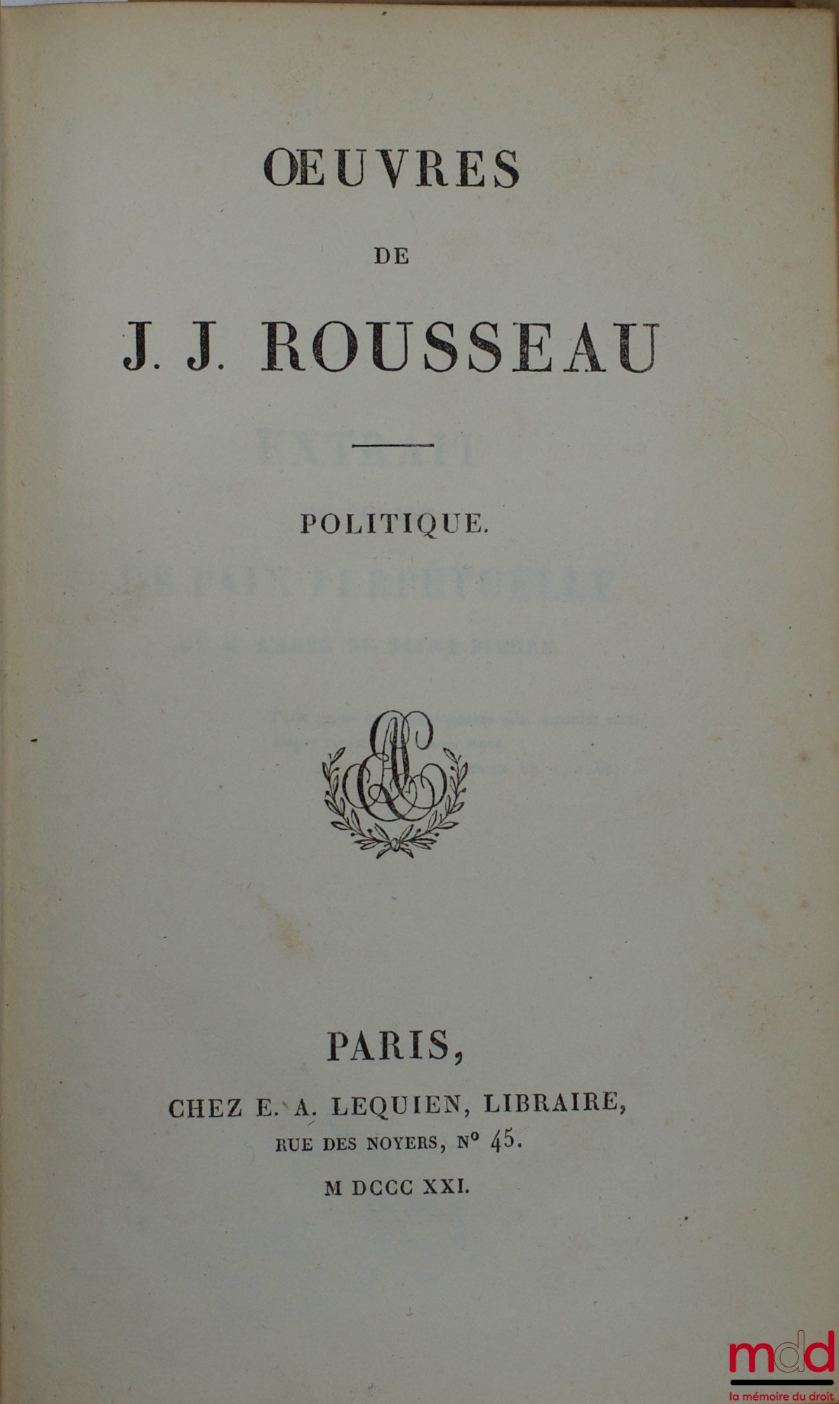 ROUSSEAU (Jean-Jacques) – ŒUVRES DE J.J. ROUSSEAU, t. V : POLITIQUE