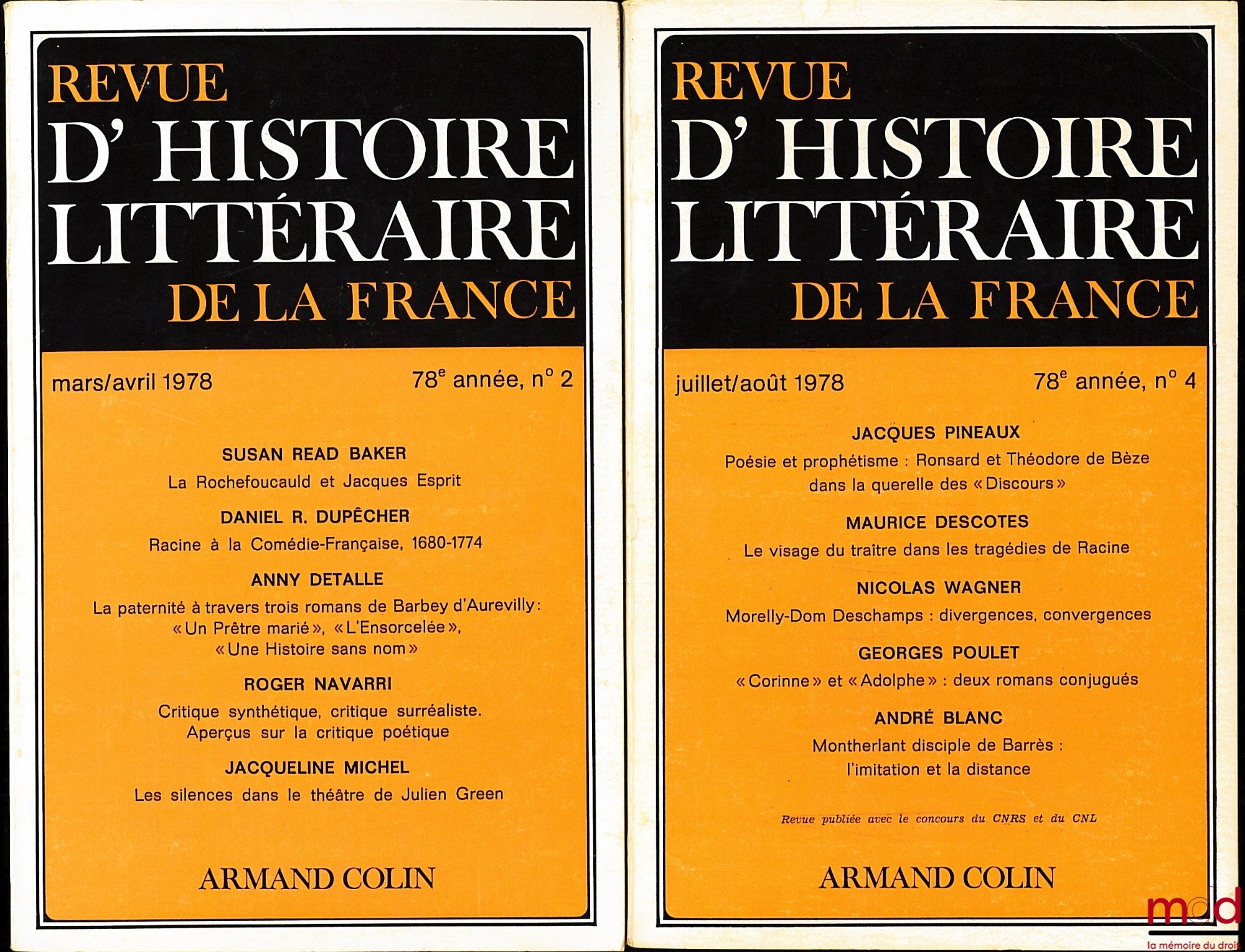 REVUE D’HISTOIRE LITTÉRAIRE DE LA FRANCE, 1977 : n° 5 et 6 ; 1978 : n° 1, 2, 4