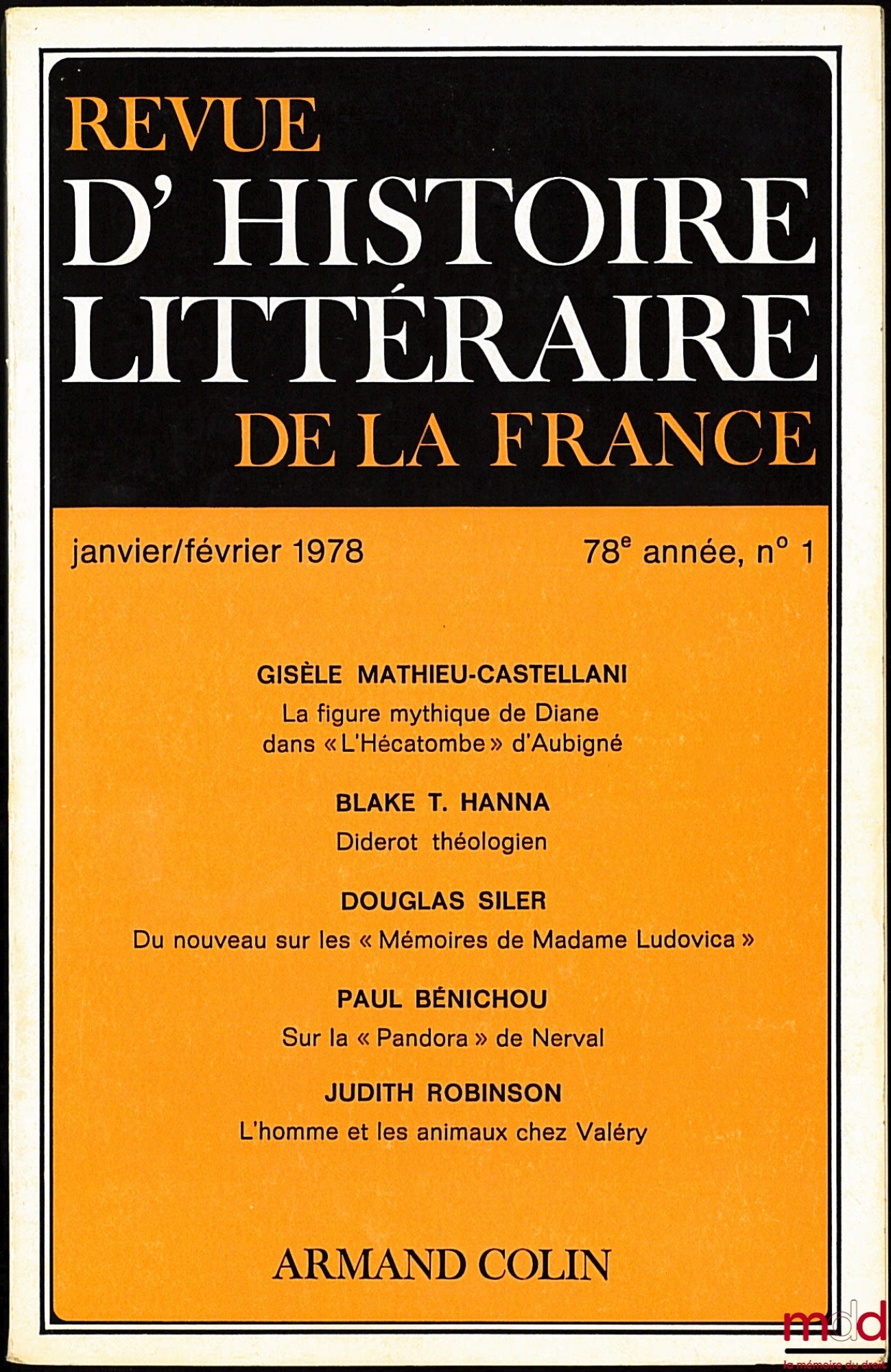 REVUE D’HISTOIRE LITTÉRAIRE DE LA FRANCE, 1977 : n° 5 et 6 ; 1978 : n° 1, 2, 4