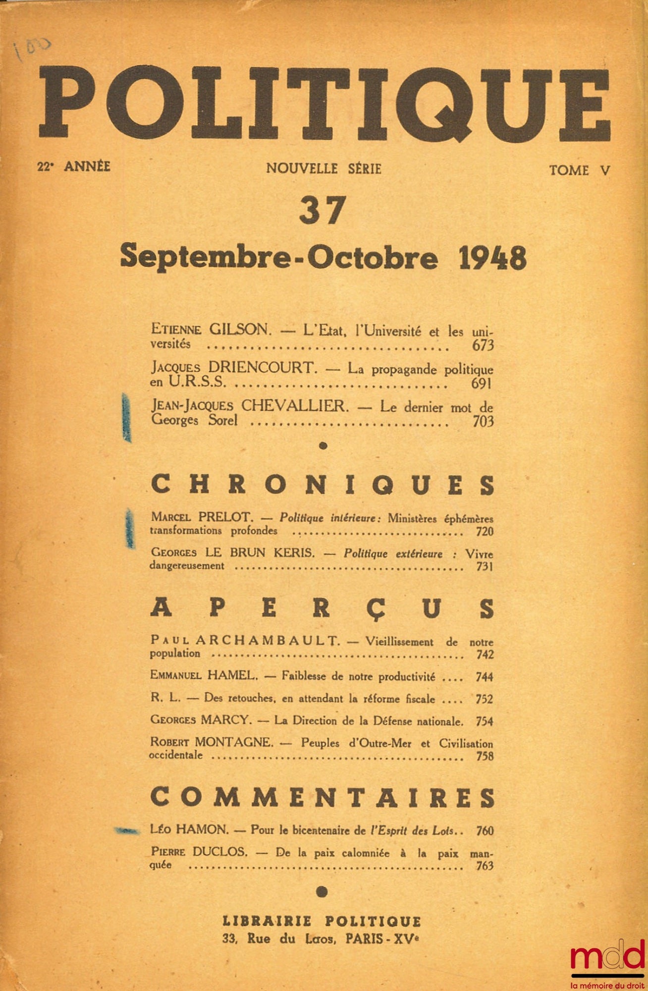 [Périodique] – POLITIQUE n° 37, 22e année, tome V, Sept.-Octobre 1948