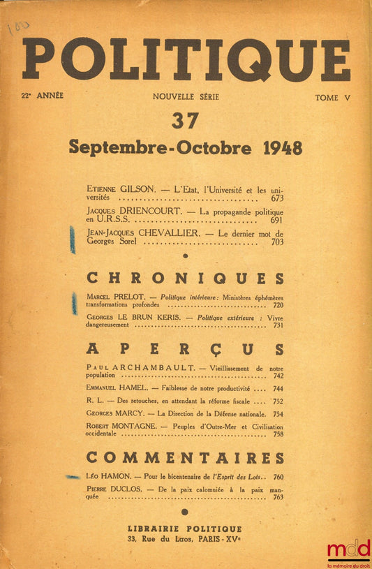 [Périodique] – POLITIQUE n° 37, 22e année, tome V, Sept.-Octobre 1948