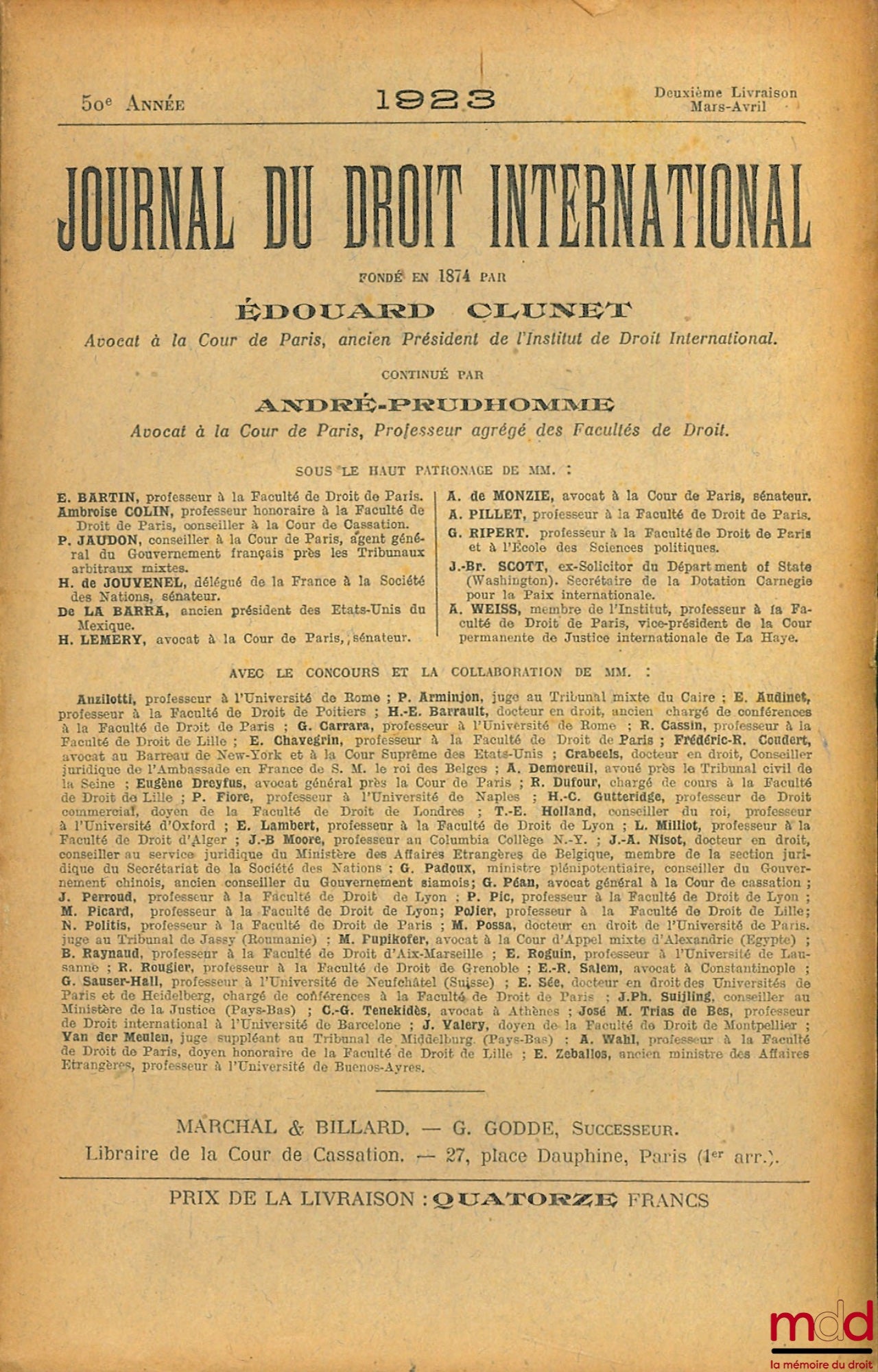 [Périodique] – JOURNAL DE DROIT INTERNATIONAL 1923, 2ème, 4ème et 5ème livraison