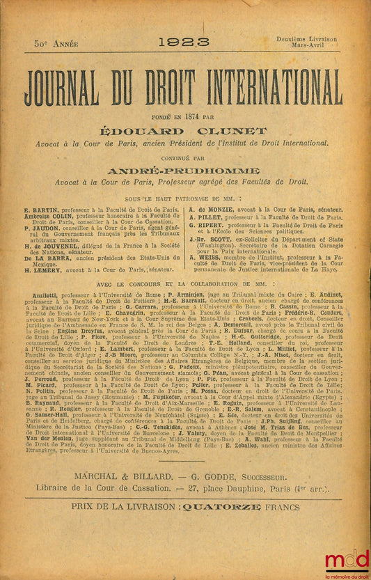 [Périodique] – JOURNAL DE DROIT INTERNATIONAL 1923, 2ème, 4ème et 5ème livraison