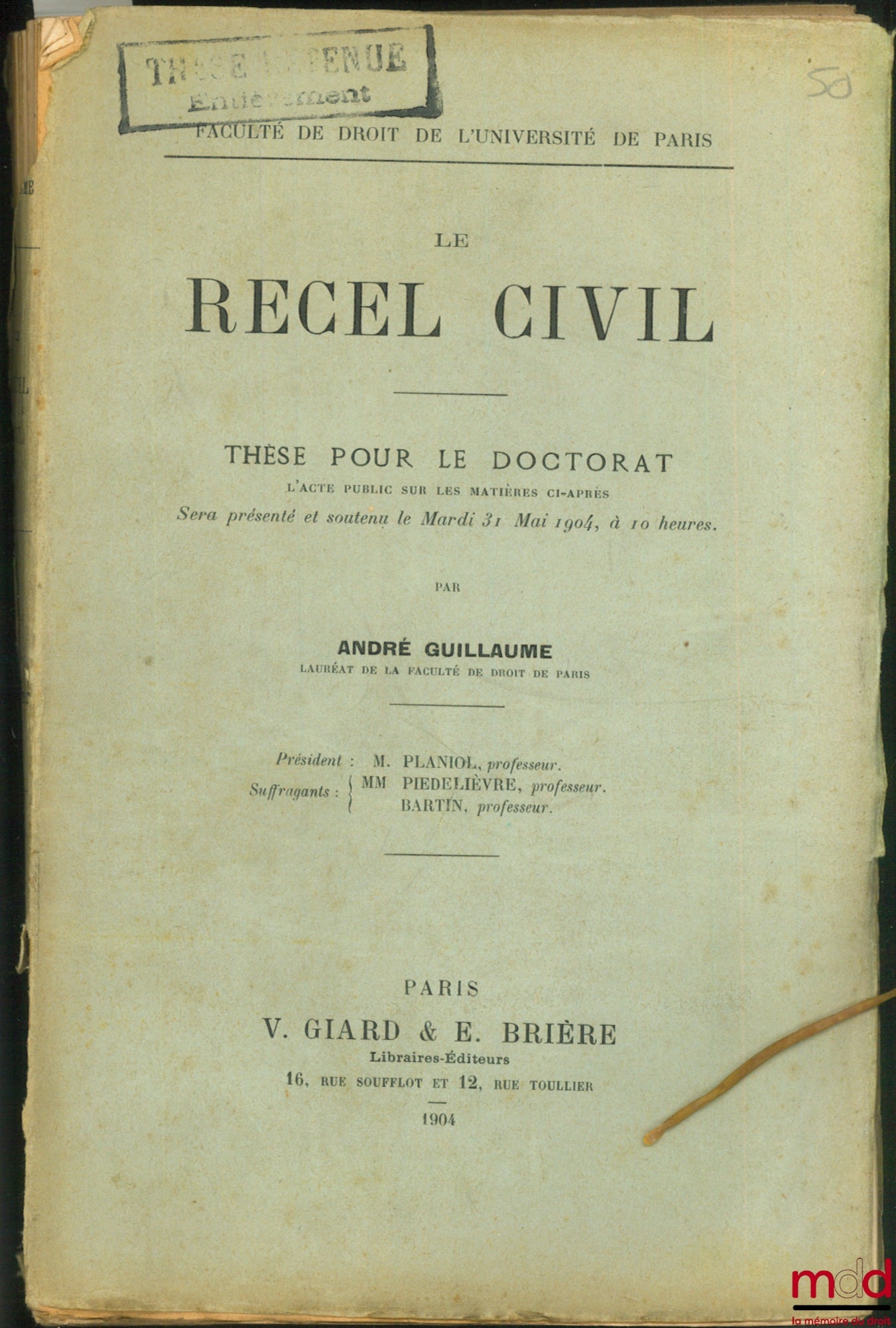 GUILLAUME (André) – RECEL CIVIL, Faculté de droit de l’Université de Paris