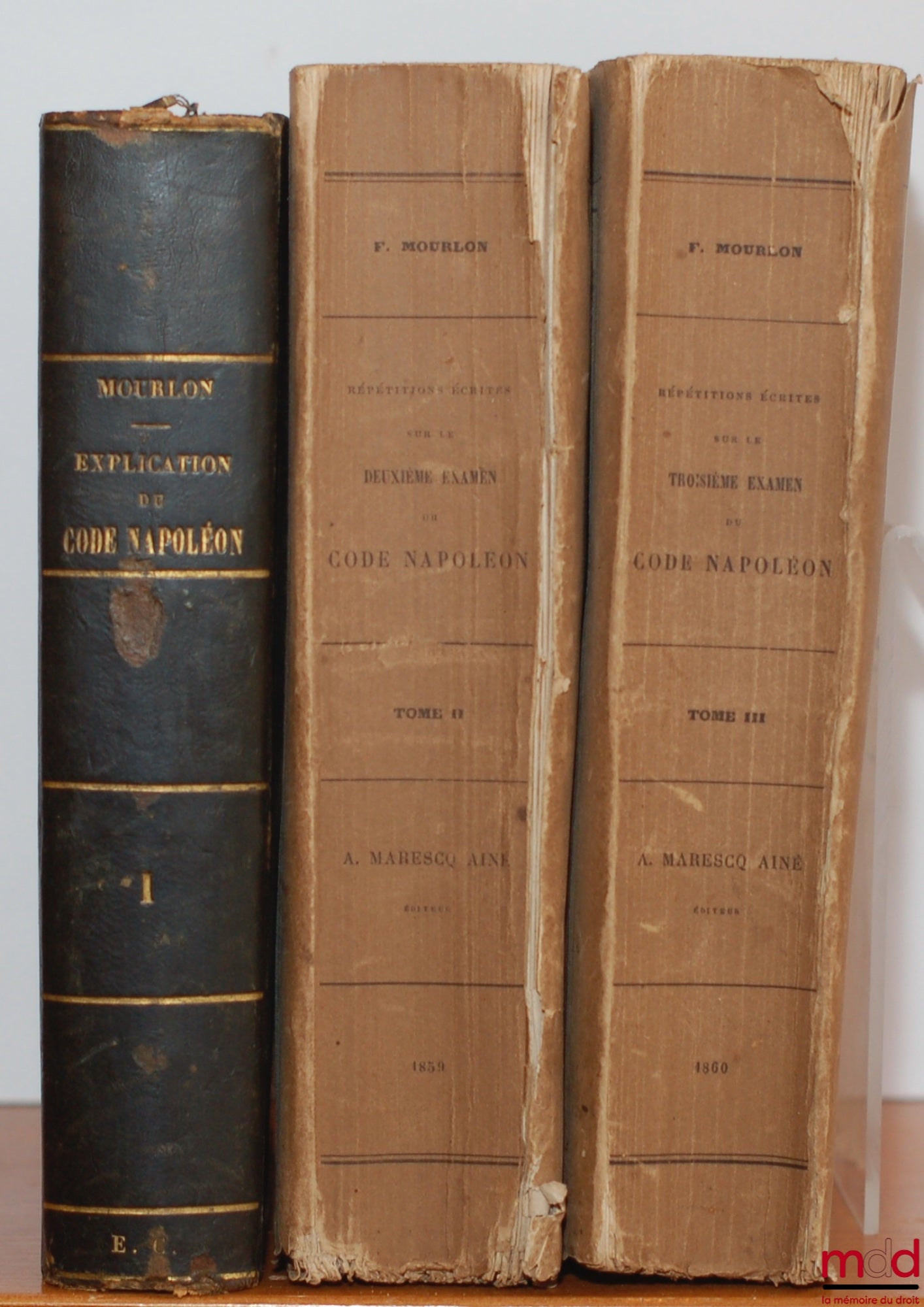 MOURLON (Frédéric) – RÉPÉTITIONS ÉCRITES SUR LE PREMIER EXAMEN DE CODE NAPOLÉON CONTENANT L’EXPOSÉ DES PRINCIPES GÉNÉRAUX, LEURS MOTIFS ET LA SOLUTION DES QUESTIONS THÉORIQUES, t. I, 6e éd. revue et corrigée, t. II et III, 5e éd.