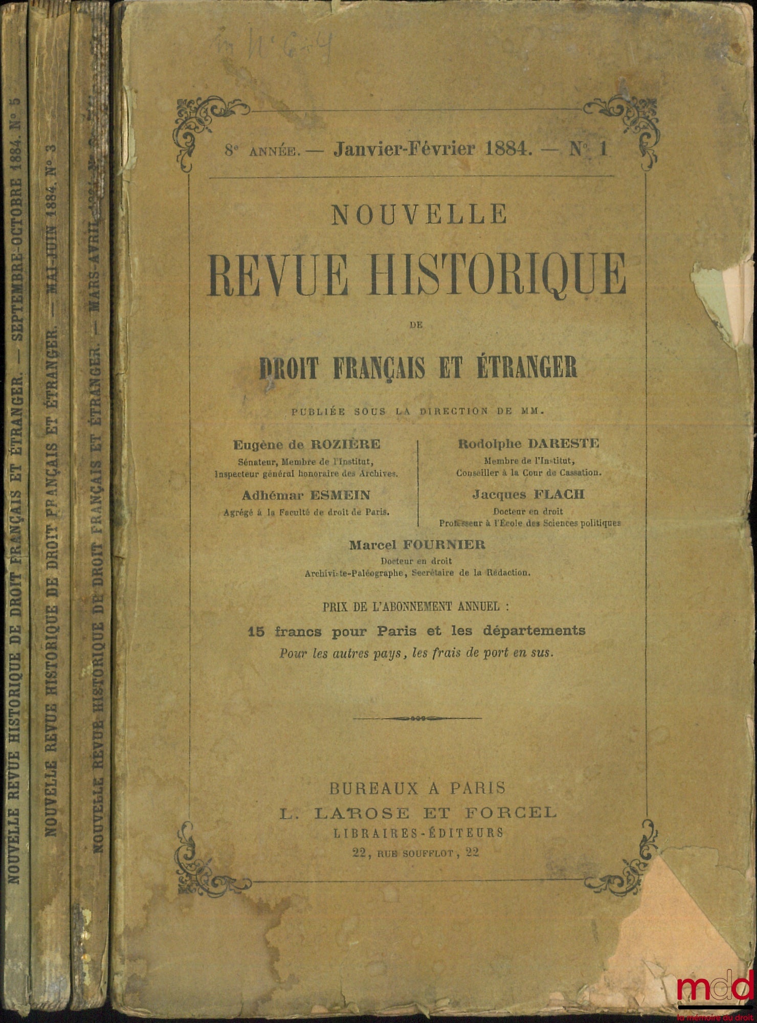 [RHD] – NOUVELLE REVUE HISTORIQUE DE DROIT FRANÇAIS ET ÉTRANGER, 8ème année, 1884, (fasc. n° 1, 2, 3, 5)