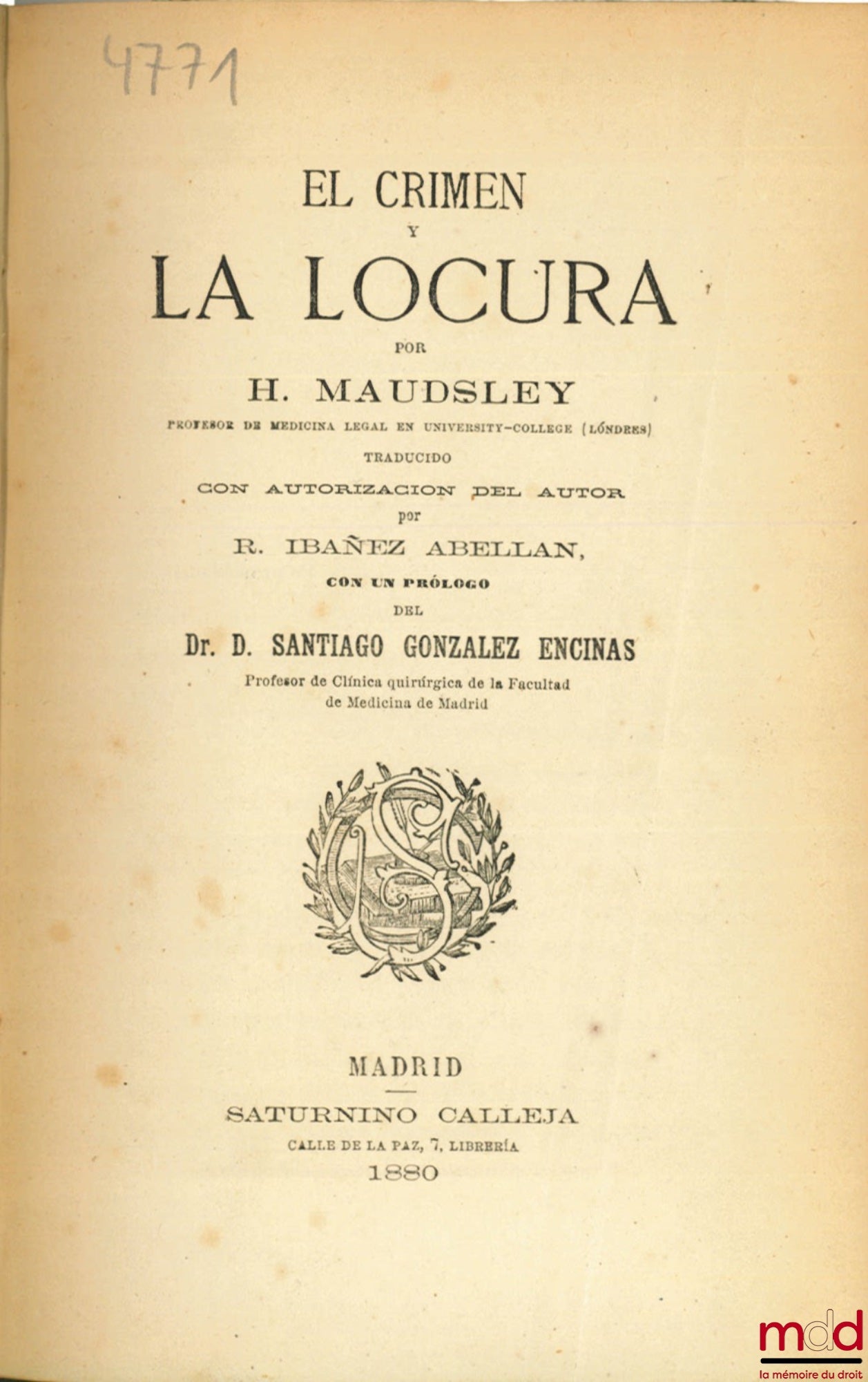 MAUDSLEY (H.) – EL CRIMEN Y LA LOCURA, traducido por R. Ibanez Abellan