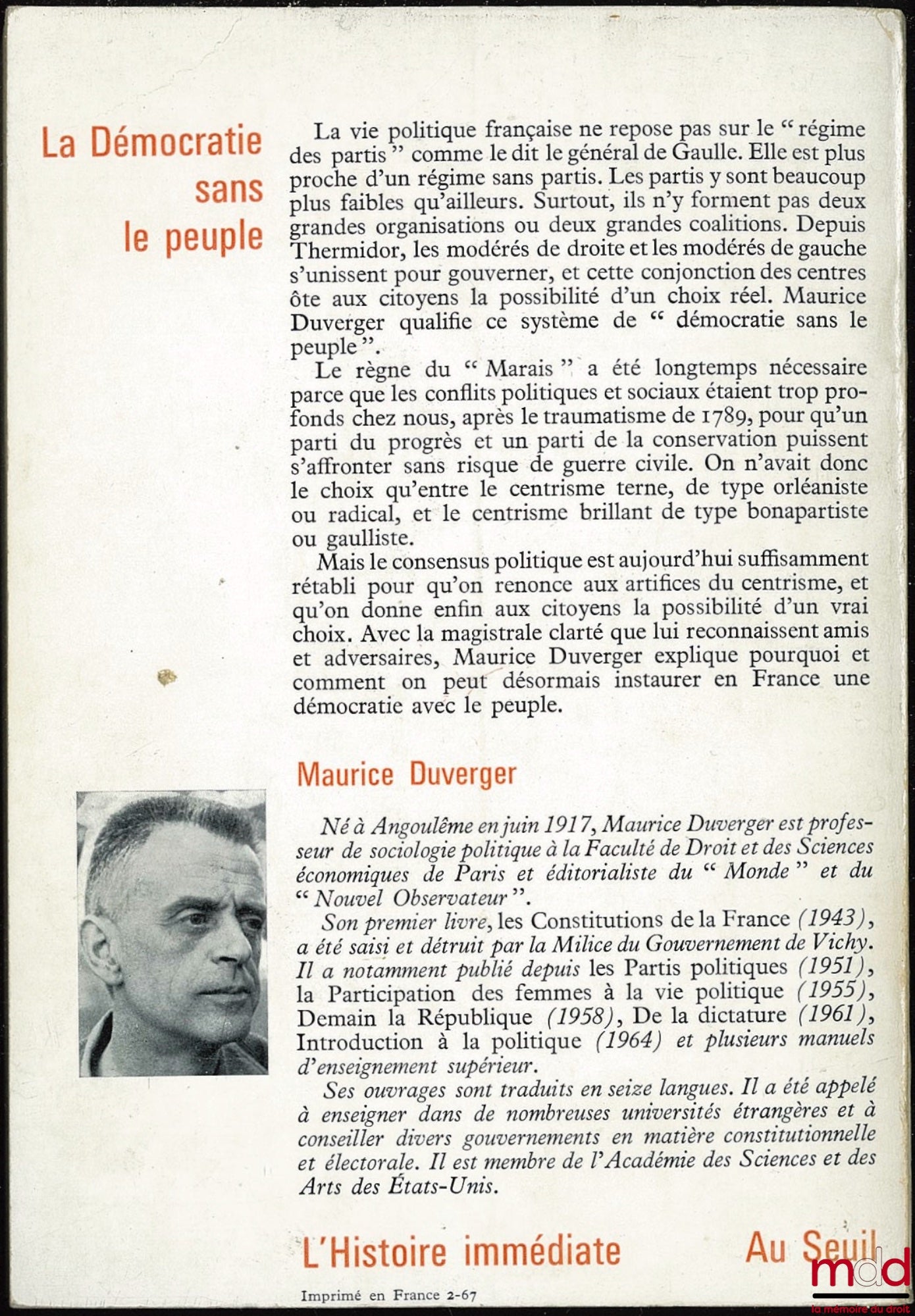 DUVERGER (Maurice) – LA DÉMOCRATIE SANS LE PEUPLE, coll. l’Histoire immédiate