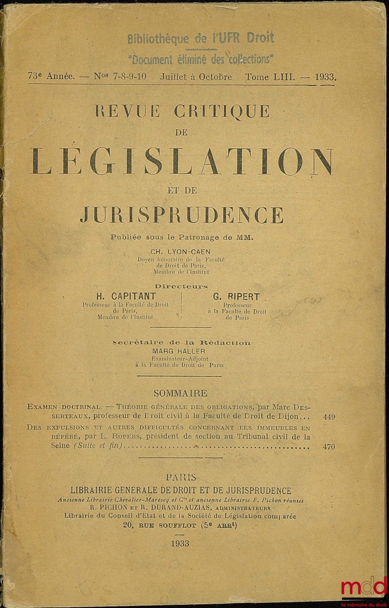 [DESSERTEAUX (Marc) et ROPERS (L.)] – REVUE CRITIQUE DE LÉGISLATION ET DE JURISPRUDENCE publiée sous le patronage de Ch. Lyon-Caen H. Capitant et G. Ripert ; t. LIII, 1933