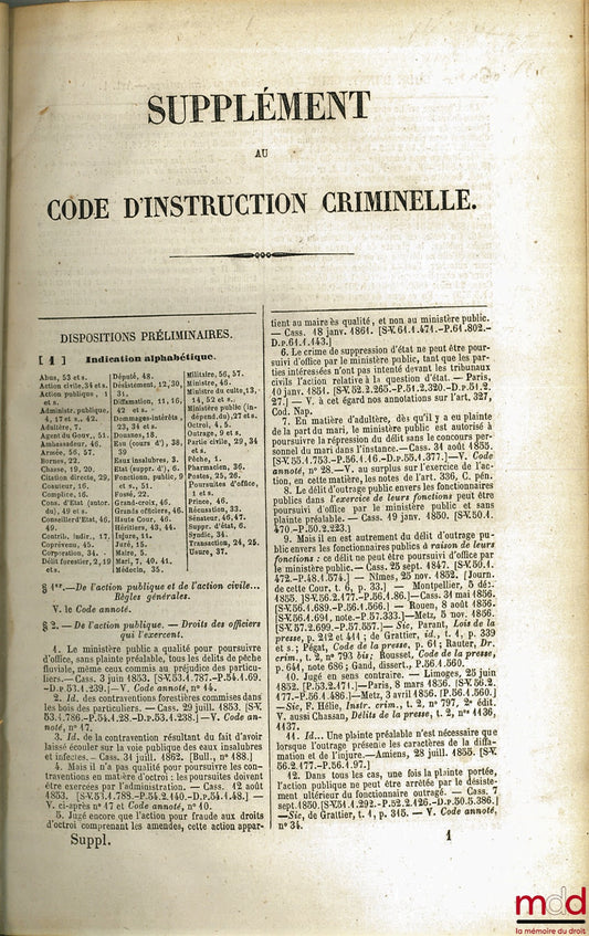 GILBERT (P.) – SUPPLÉMENT AU CODE D’INSTRUCTION CRIMINELLE (…) (Code annotés par SIREY)