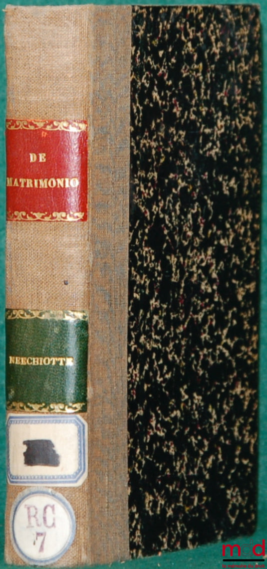 VECCHOTTI (Sept.-Marie) – TRACTATUS CANONICUS DE MATRIMONIO, ex opere cardinalis Ioannis Soglia, excerptus et ad usum parochorum et confessariorum accommodatus. Additis Appendicibus : de impedimentis civilibus matrionii ; de formulis supplicum precum ac d