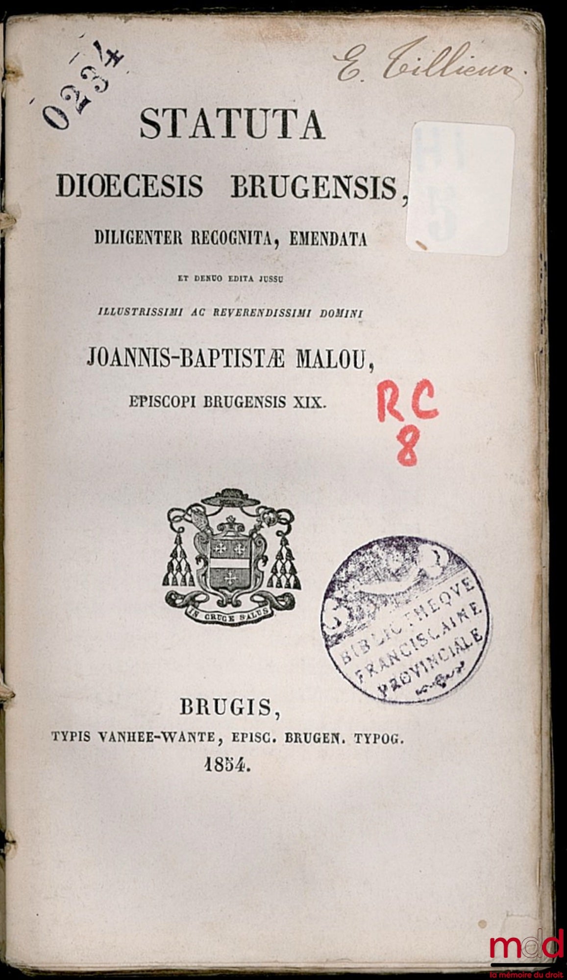 MALOU (Jean-Baptiste) – STATUTA DIŒCESIS BRUGENSIS, diligenter recognita, emendata et denuo edita jussu