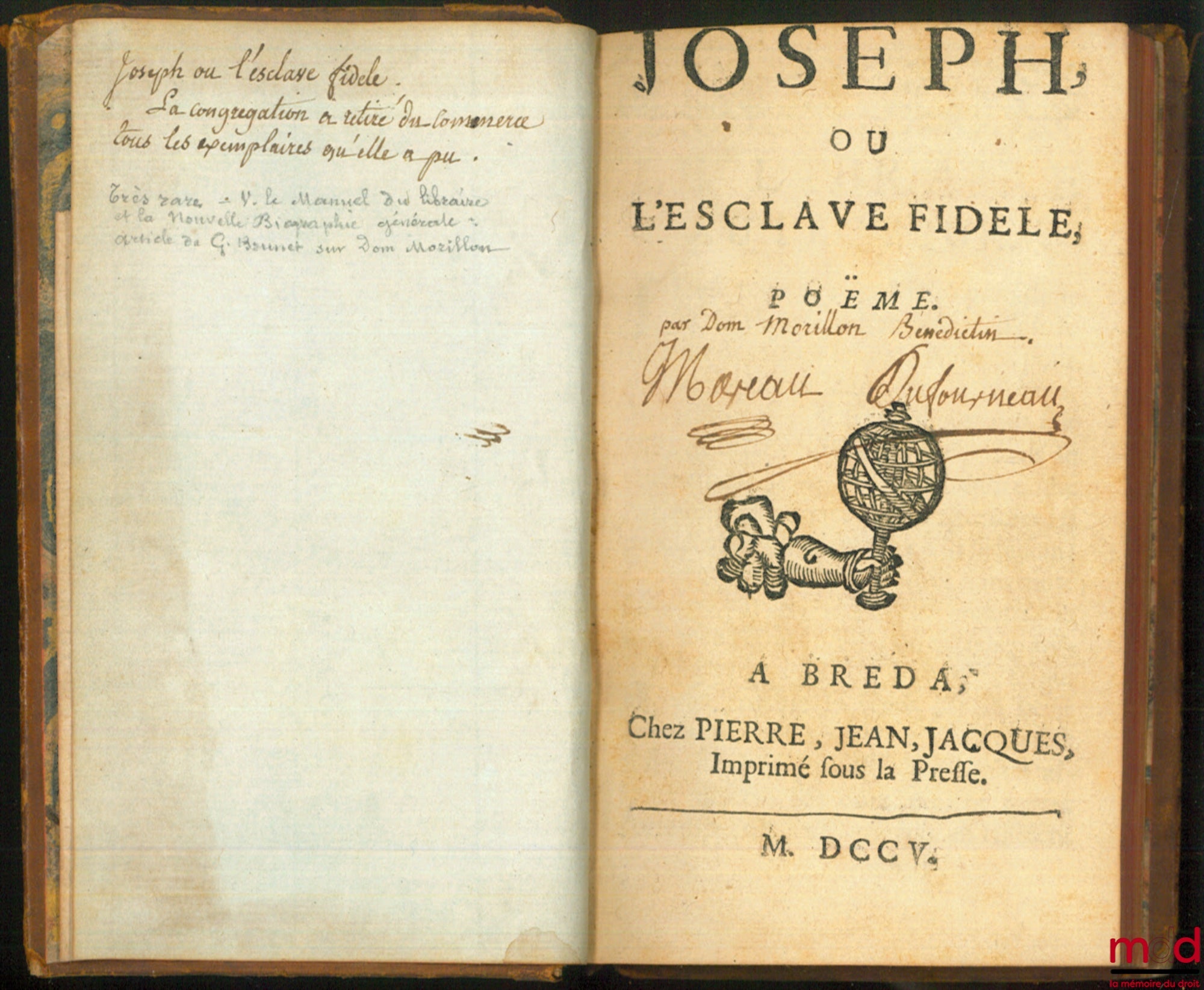 MORILLON (Dom) – JOSEPH OU L’ESCLAVE FIDÈLE, Poëme de Dom Morillon, Bénédictin