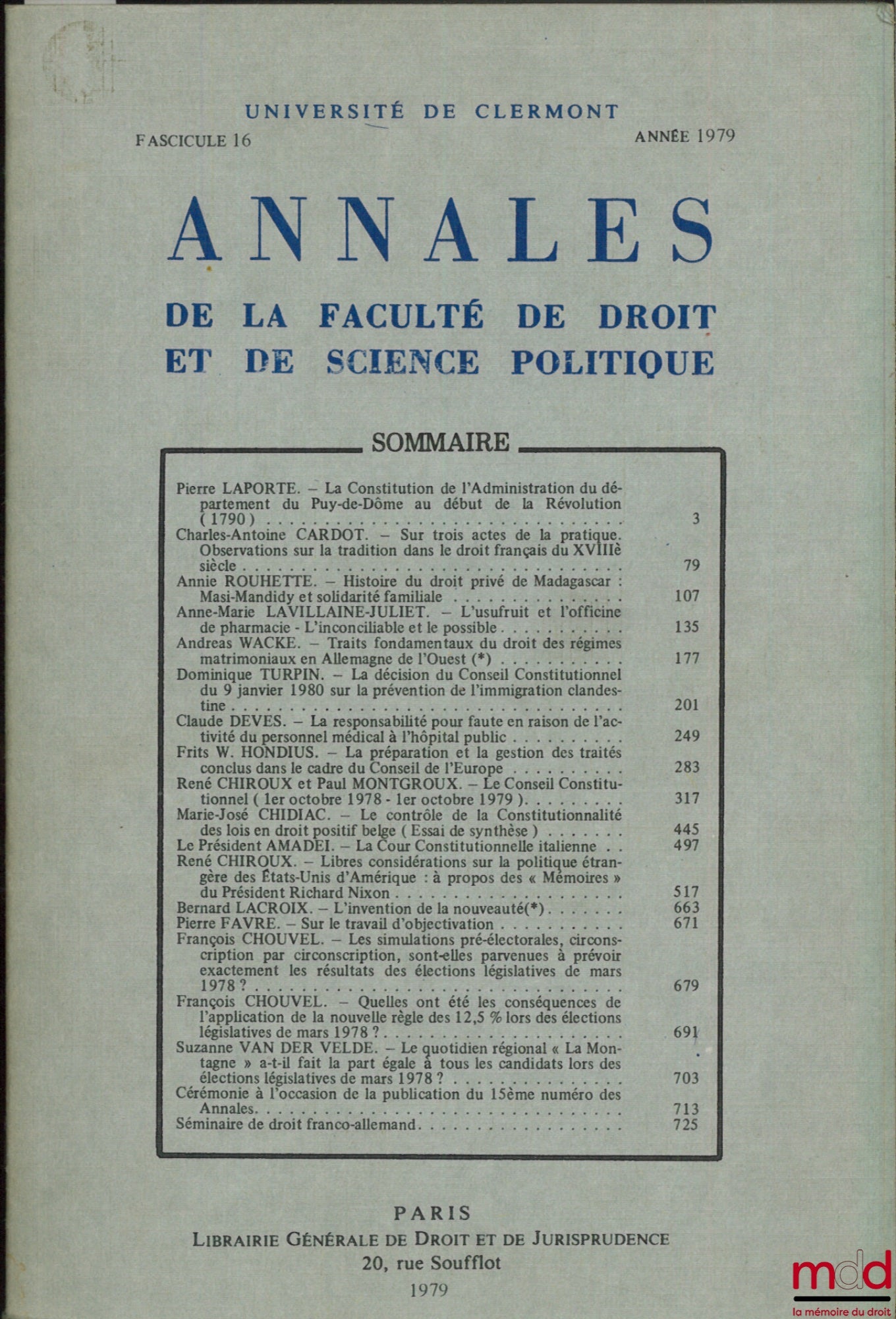 [Collectif, Université de Clermont] – ANNALES DE LA FACULTÉ DE DROIT ET DE SCIENCE POLITIQUE, Université de Clermont, Fascicule 16