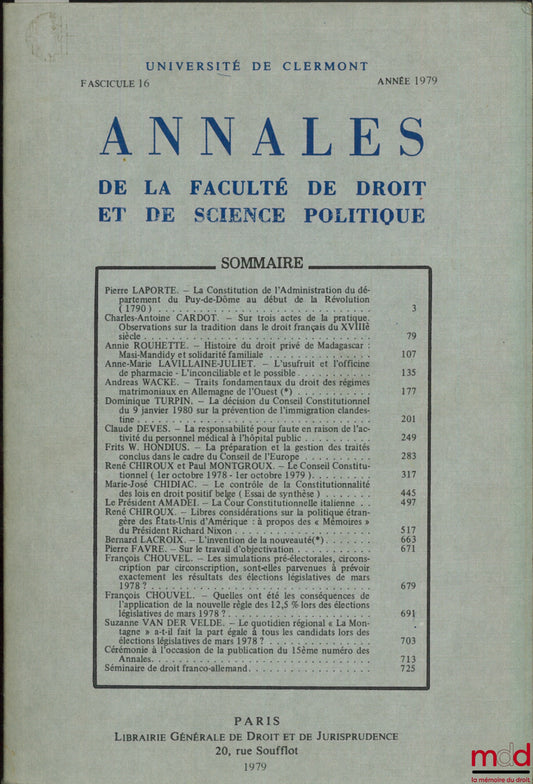 [Collectif, Université de Clermont] – ANNALES DE LA FACULTÉ DE DROIT ET DE SCIENCE POLITIQUE, Université de Clermont, Fascicule 16