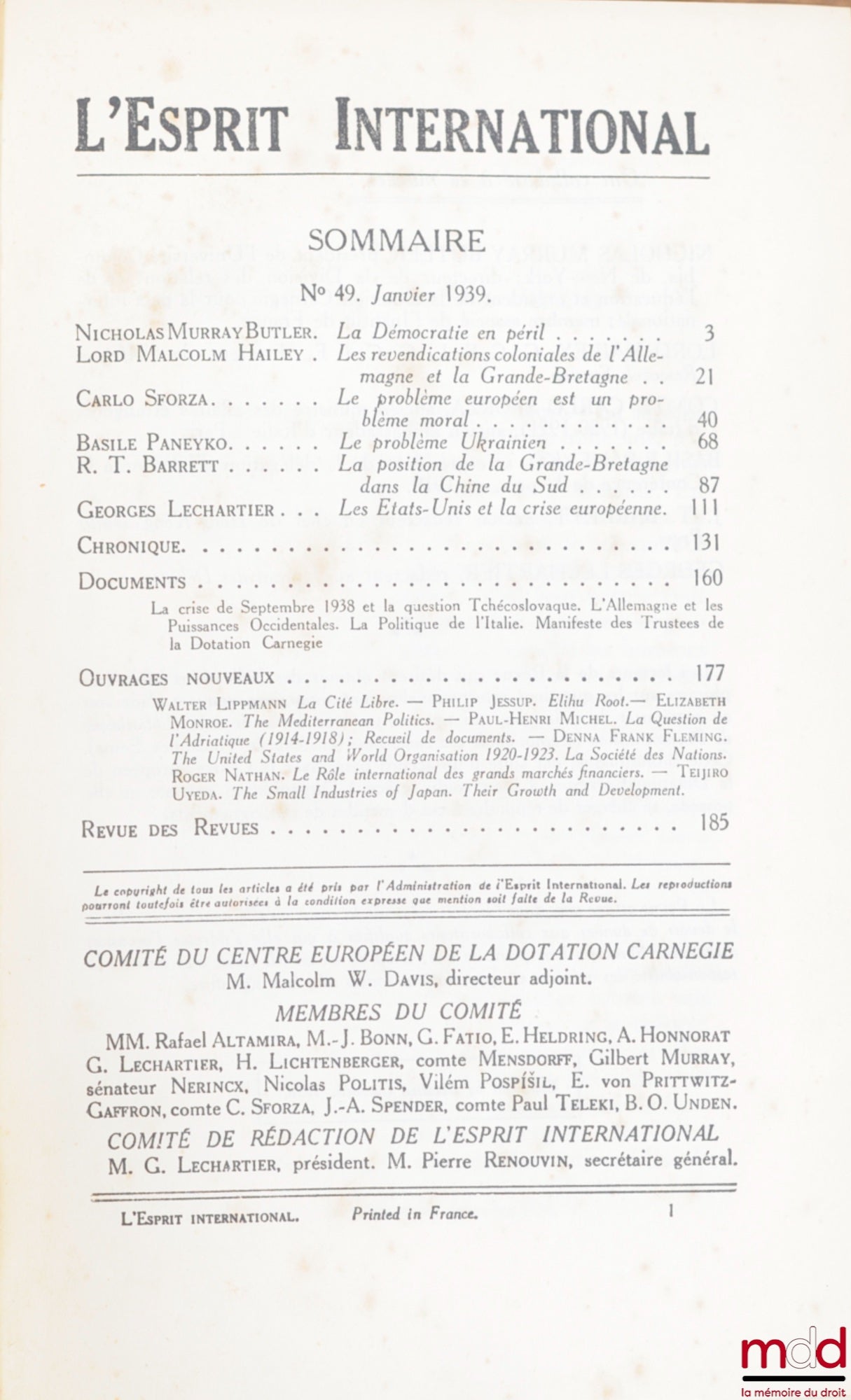 [Périodique] – L’ESPRIT INTERNATIONAL n° 49, janvier 1939, Comité du Centre européen de la dotation Carnegie