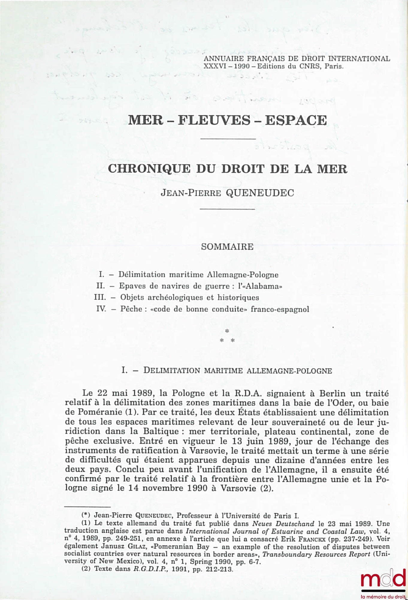 QUENEUDEC (Jean-Pierre) – CHRONICLE OF THE LAW OF THE SEA, extract from the French Yearbook of International Law, vol. XXXVI, 1990