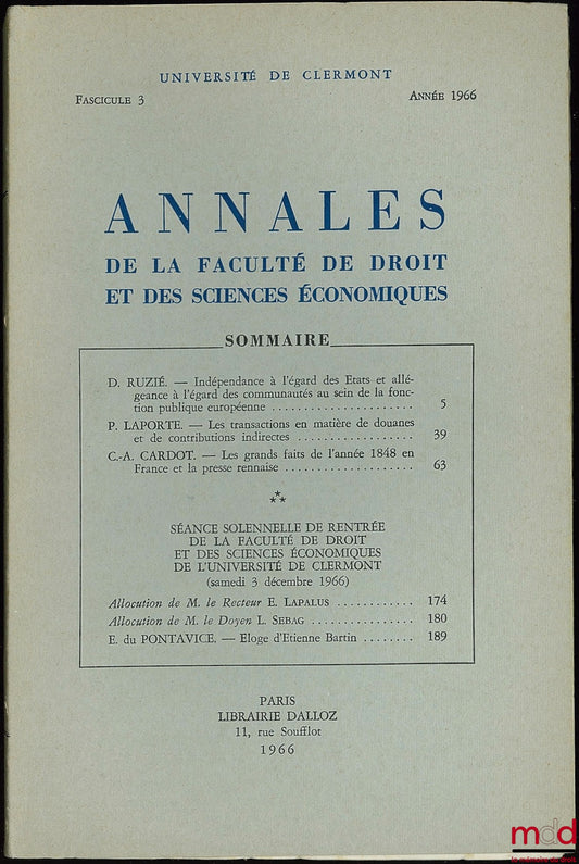 Annales de la Faculté de droit et des sciences économiques, Université de Clermont, fasc. 3, année 1966