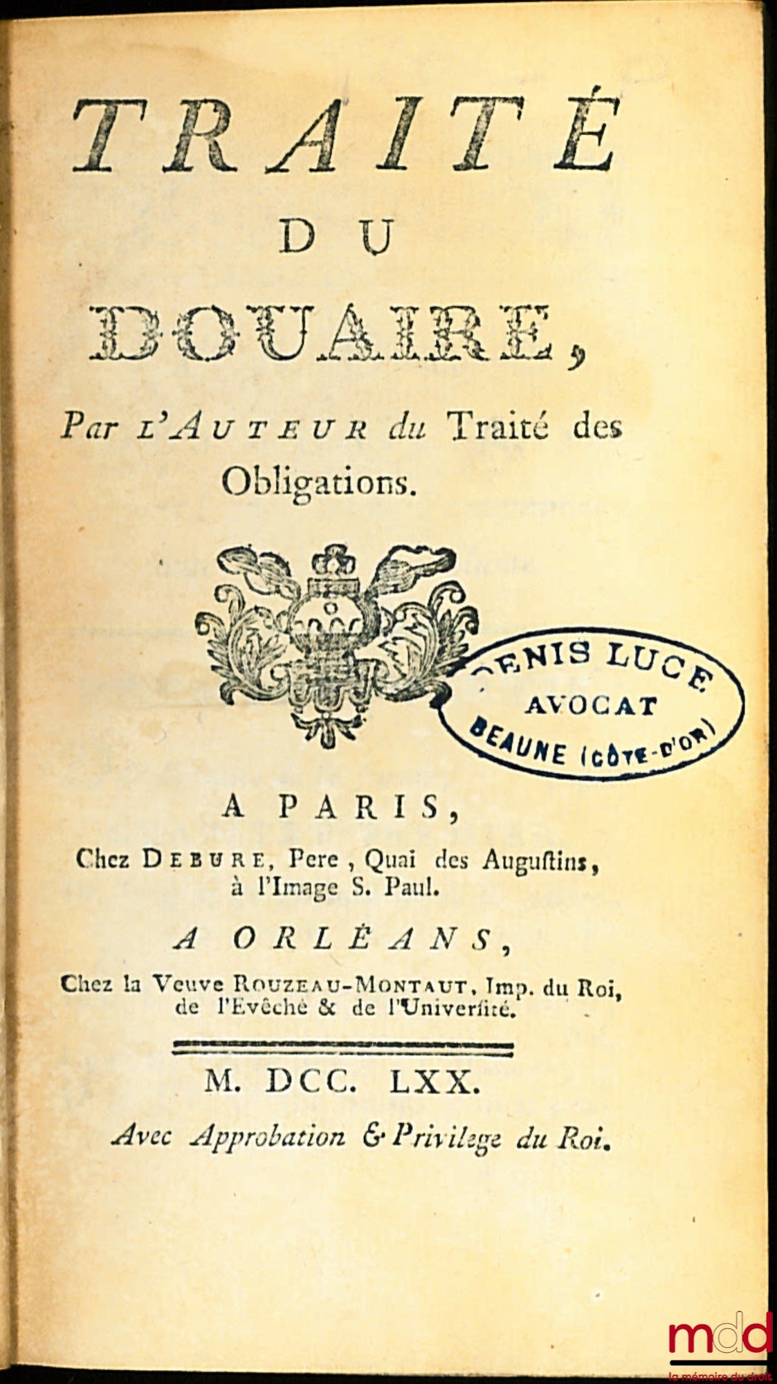 POTHIER (Robert-Joseph) – ŒUVRES DE POTHIER : TRAITÉ DU DOUAIRE