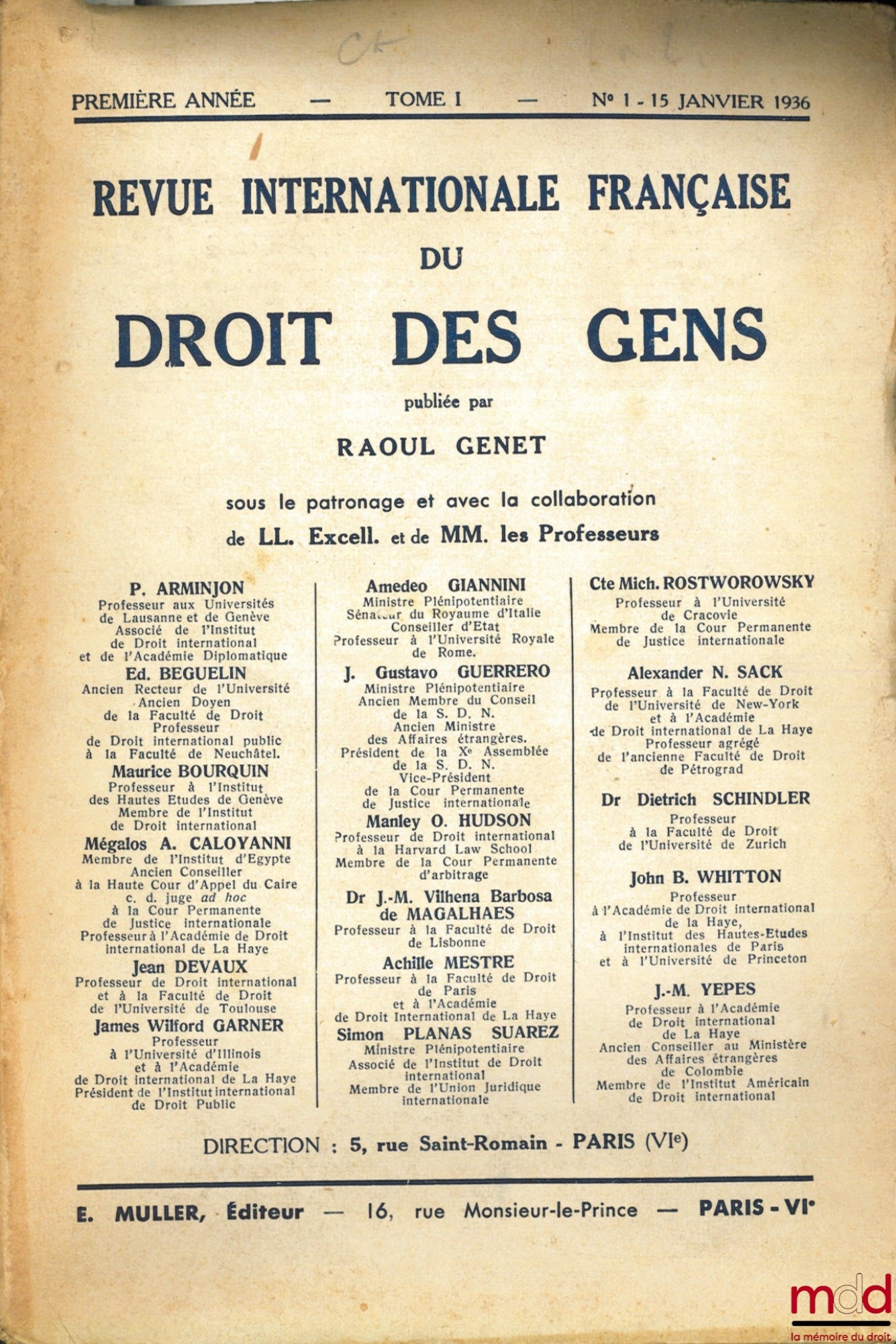 [Périodique] – REVUE INTERNATIONALE FRANÇAISE DU DROIT DES GENS, Janvier à Mai 1936