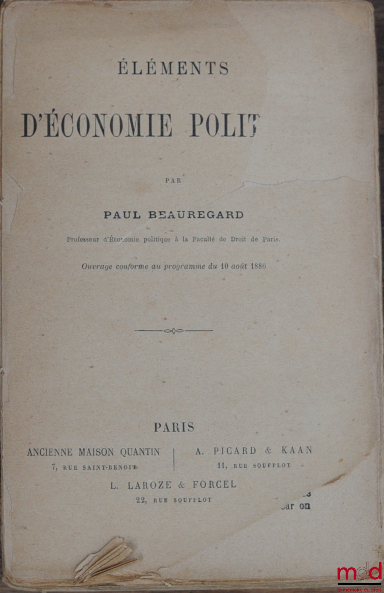 BEAUREGARD (Paul) – ÉLÉMENTS D’ÉCONOMIE POLITIQUE
