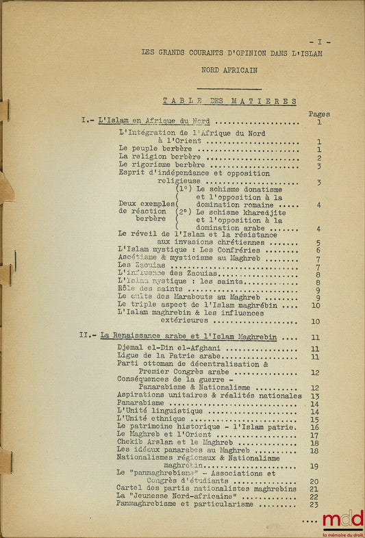 LAROQUE (Pierre) [?] ou anonyme – LES GRANDS COURANTS D’OPINION DANS L’ISLAM NORD-AFRICAIN