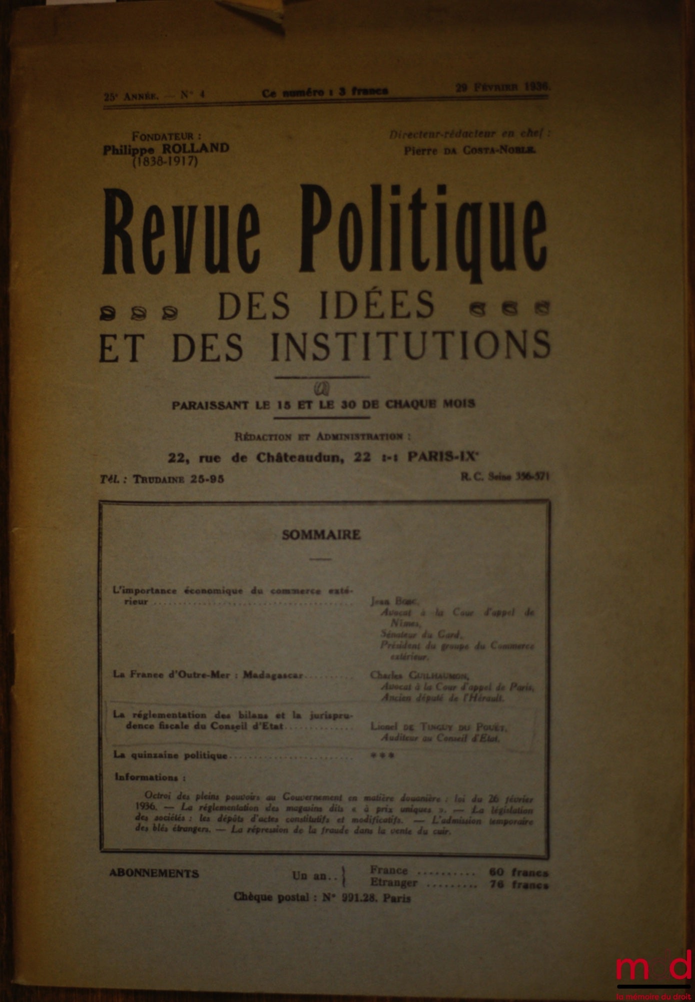 TINGUY DU POUËT (Lionel de) – LA RÉGLEMENTATION DES BILANS ET LA JURISPRUDENCE FISCALE DU CONSEIL D’ÉTAT, extrait de la Revue politique des idées et des institutions, 25ème année, n° 4 du 29 février 1936