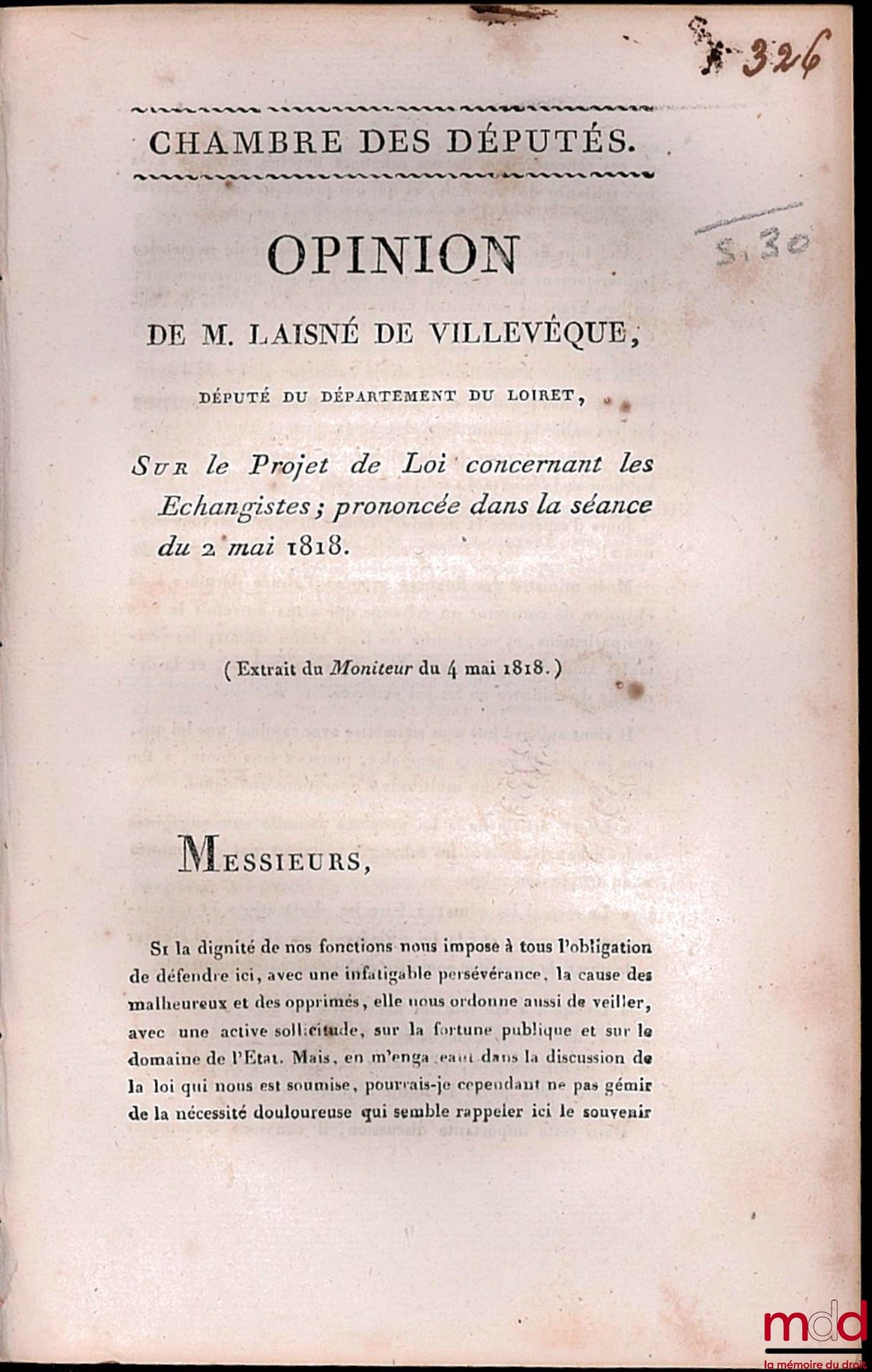 LAISNÉ DE VILLEVÊQUE – OPINION DE M. LAISNÉ DE VILLEVÊQUE, SUR LE PROJET DE LOI CONCERNANT LES ÉCHANGISTES ; prononcée dans la séance du 2 mai 1818, extrait du Moniteur du 4 mai 1818