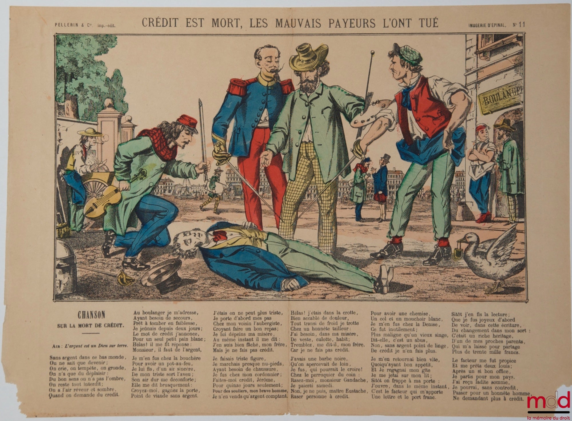 [Imagerie d’Épinal] – CRÉDIT EST MORT, LES MAUVAIS PAYEURS L’ONT TUÉ. Accompagné de la CHANSON SUR LA MORT DE CRÉDIT, Air : L’argent est un Dieu sur terre, lithographie par Pacher, Image d’Épinal n° 11