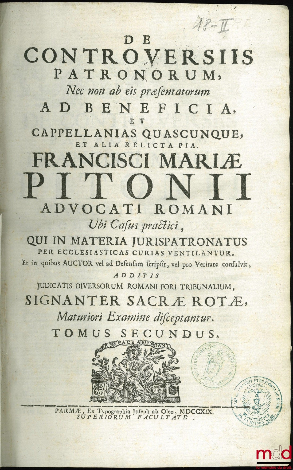 PITONI (François-Marie) – DE CONTROVERSIIS PATRONORUM, tome 2 seulement