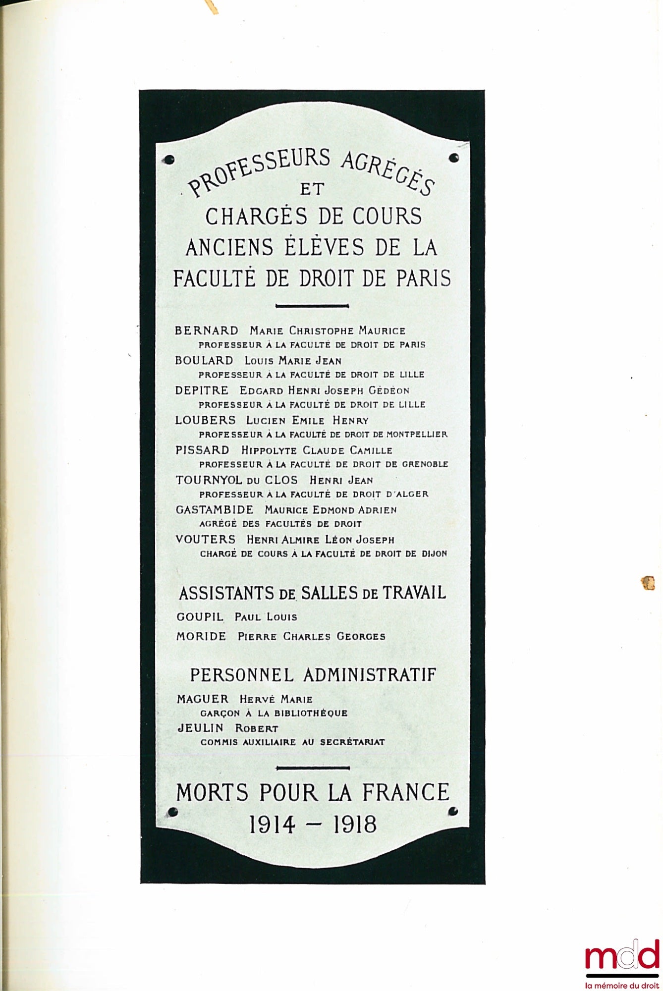 [Première Guerre mondiale] – LE LIVRE D’OR DE LA FACULTÉ DE DROIT DE PARIS, GUERRE 1914-1918