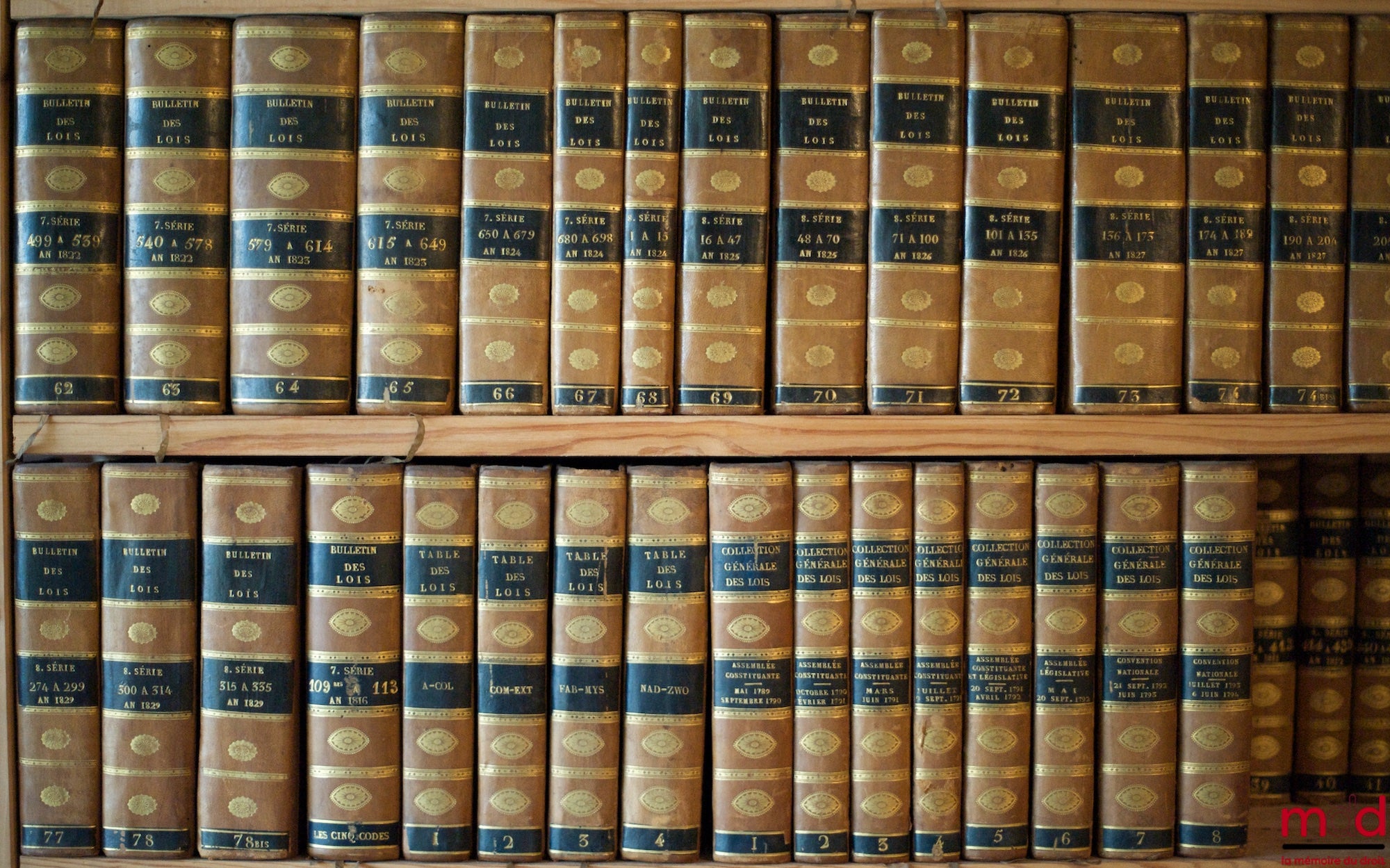 BULLETIN DES LOIS, Séries 1 à 8, An II à 1829, COMPLET avec les TABLES DES LOIS (4 vol.), LES CINQ CODES (1 vol.), LA COLLECTION GÉNÉRALE DES LOIS (Assemblée constituante, Assemblée législative et Convention nationale - 8 vol.), mai 1789 à 1794