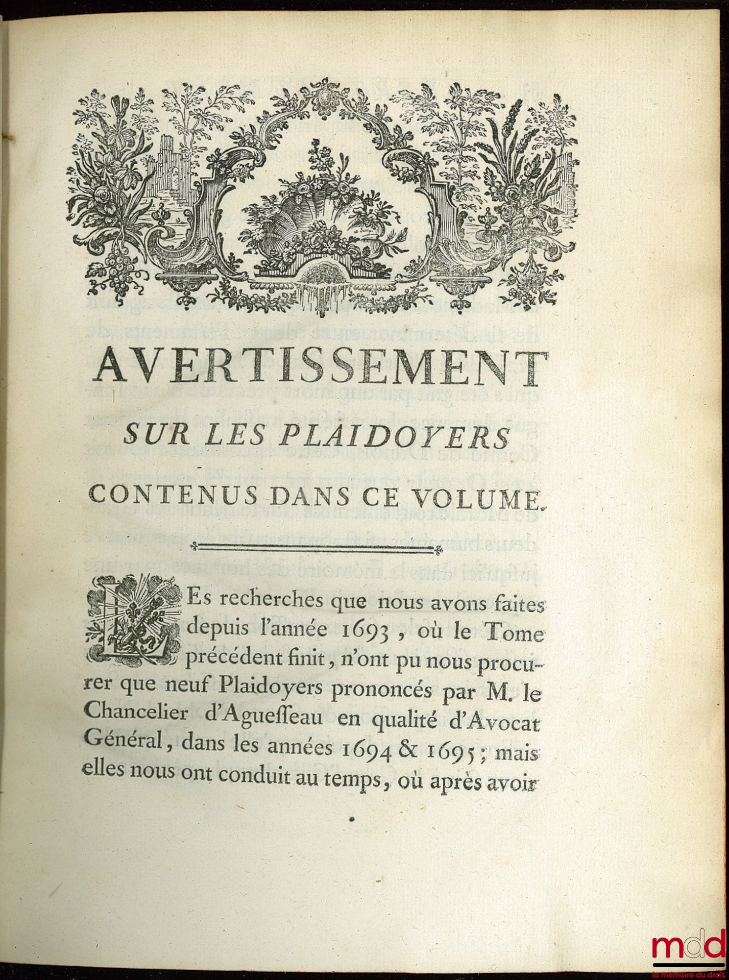 D’AGUESSEAU (Henri François) – ŒUVRES CHOISIES DE D’AGUESSEAU, CHANCELIER DE FRANCE CONTENANT  t. I : Les Discours pour l’ouverture des audiences, Les Mercuriales, Les Réquisitoires et autres discours faits en différentes occasions, Les Instructions sur l