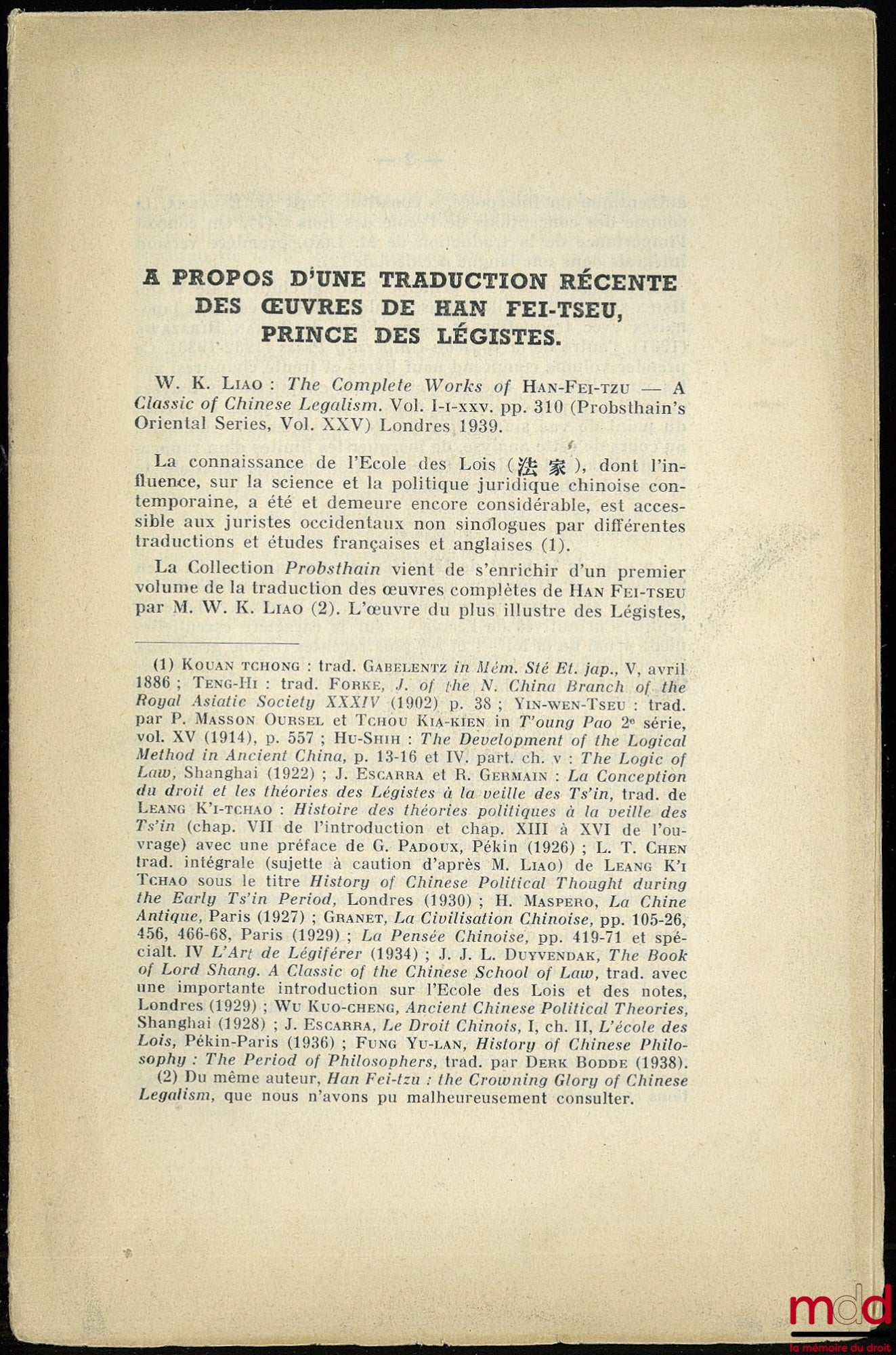 PINTO (Roger) – À PROPOS D’UNE TRADUCTION RÉCENTE DES OEUVRES DE HAN FEI-TSEU, PRINCE DES LÉGISTES