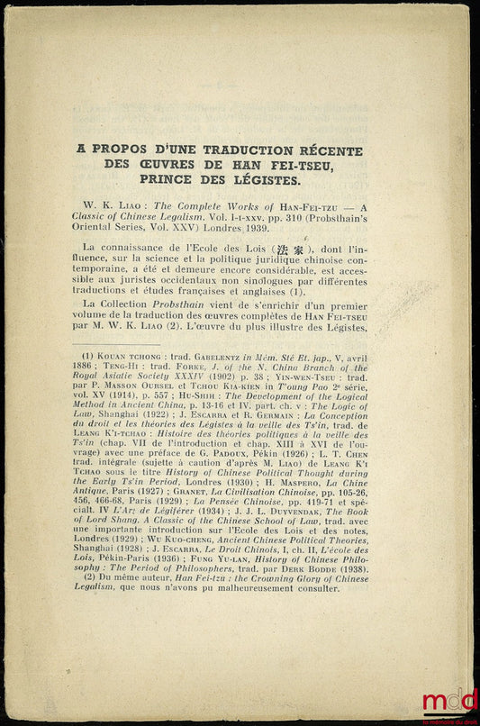 PINTO (Roger) – À PROPOS D’UNE TRADUCTION RÉCENTE DES OEUVRES DE HAN FEI-TSEU, PRINCE DES LÉGISTES