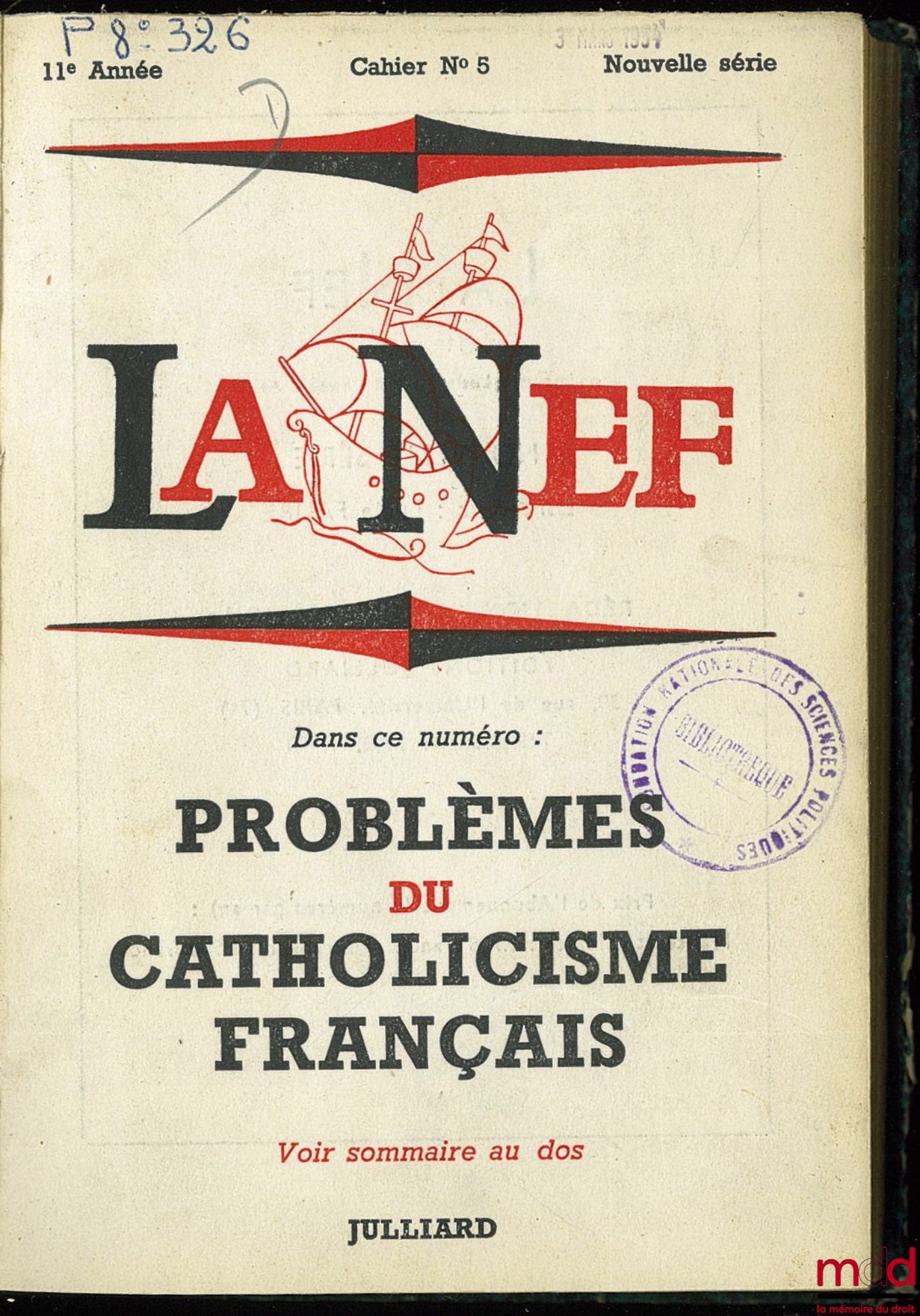 [Collectif] – PROBLÈMES DU CATHOLICISME FRANÇAIS, LA NEF, Nouvelle série, Cahier n° 5, 11ème année, jan. 1954
