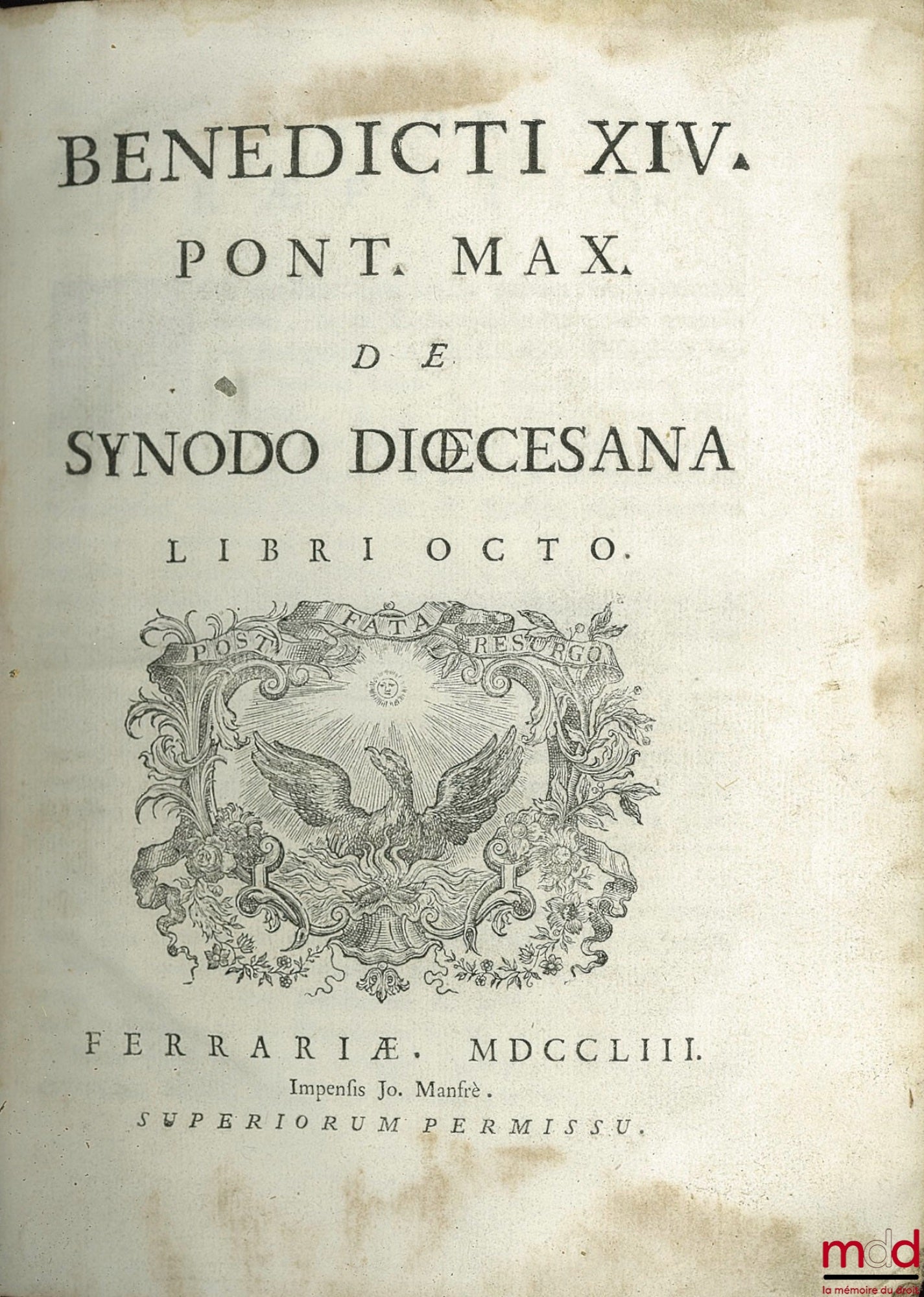 [LAMBERTINI (Prospero)] – BENEDICTI XIV PONT MAX DE SYNODO DIŒCESANA Libri octo