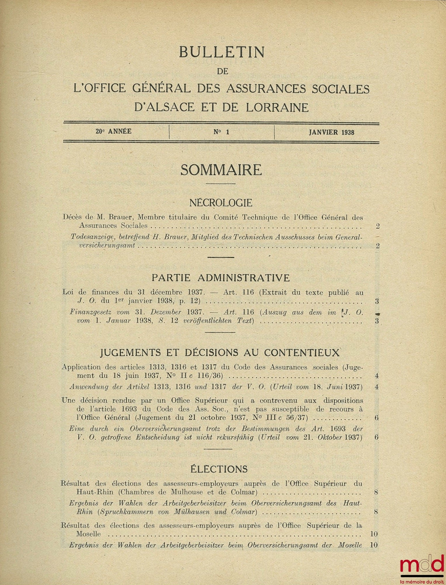 BULLETIN DE L’OFFICE GÉNÉRAL DES ASSURANCES SOCIALES D’ALSACE ET LORRAINE, 20ème année, n° 1 (janvier 1938) à n°12 (décembre 1938)