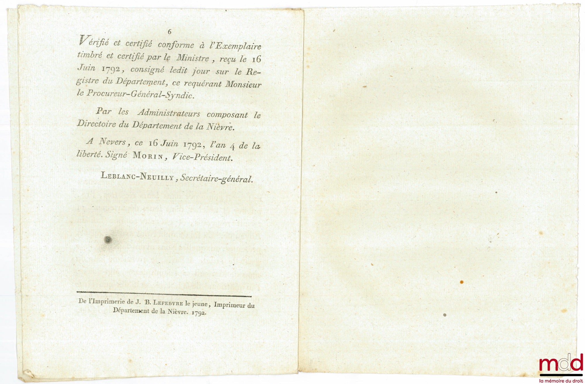 Loi RELATIVE À LA CONFECTION ET ENTRETIEN DES ROUTES. Donnée à Paris, le 30 Mai 1792, l’an IV de la Liberté. Signé Louis Duranthon. Département de la Nièvre, bull. n° 1744