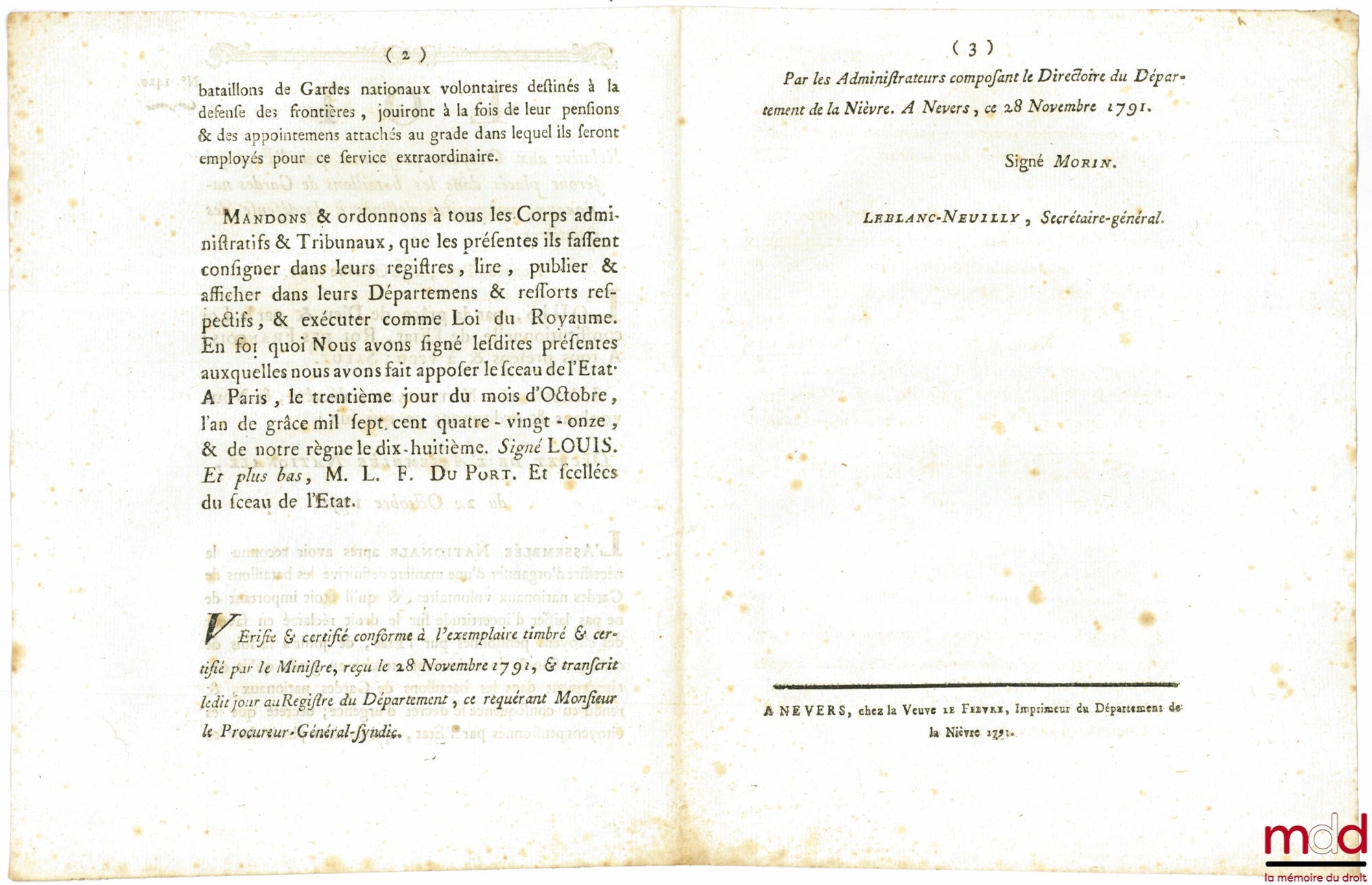[Garde nationale] – Loi RELATIVE AUX CITOYENS PENSIONNÉS PAR L’ÉTAT QUI SERONT PLACÉS DANS LES BATAILLONS DE GARDES NATIONAUX VOLONTAIRES DESTINÉS À LA DÉFENSE DES FRONTIÈRES. Signé Louis M. L. F. Duport. Donnée à Paris, le 30 Octobre 1791, Département de
