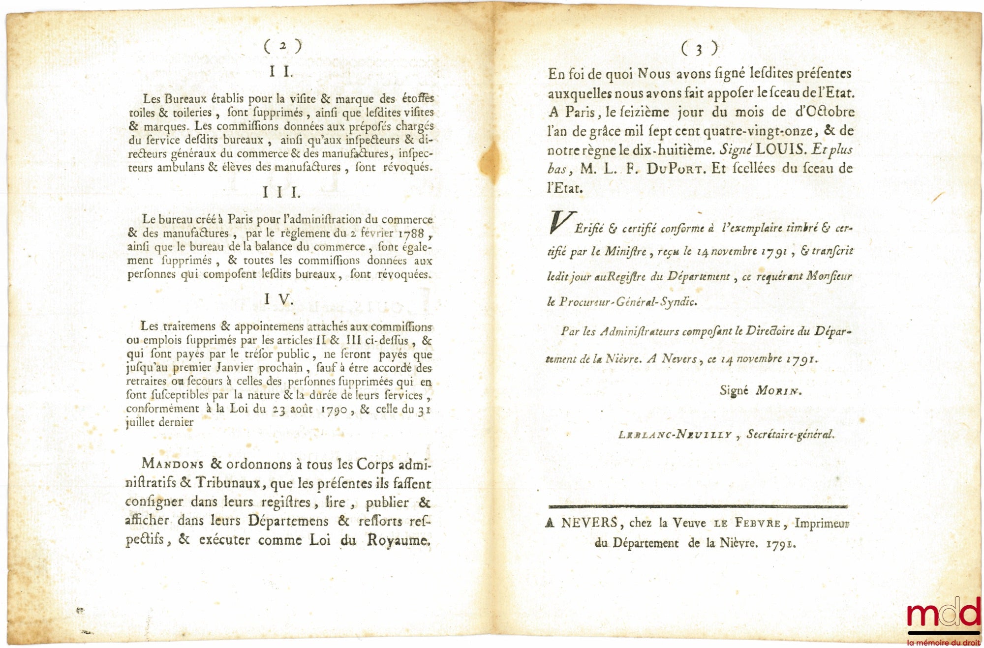 [Organisation judiciaire] – Loi PORTANT SUPPRESSION DE TOUTES LE CHAMBRES DE COMMERCE EXISTANT DANS LE ROYAUME. Signé Louis M. L. F. Duport. Donnée à Paris, le 16 Octobre 1791, Département de la Nièvre, bull. n° 1400