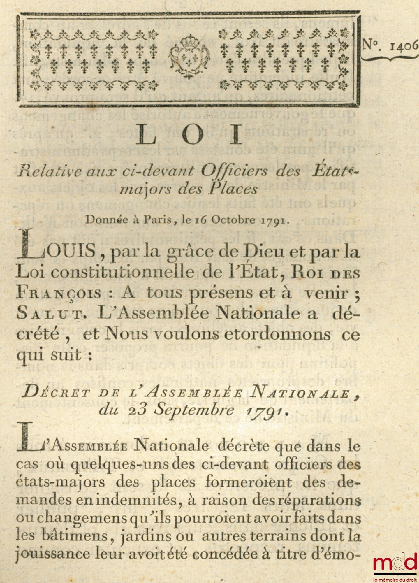 Loi RELATIVE AUX CI-DEVANT OFFICIERS DES ÉTATS-MAJORS DES PLACES. Signé Louis M. L. F. Duport. Donnée à Paris, le 16 Octobre 1791, Département de la Nièvre, bull. n° 1406