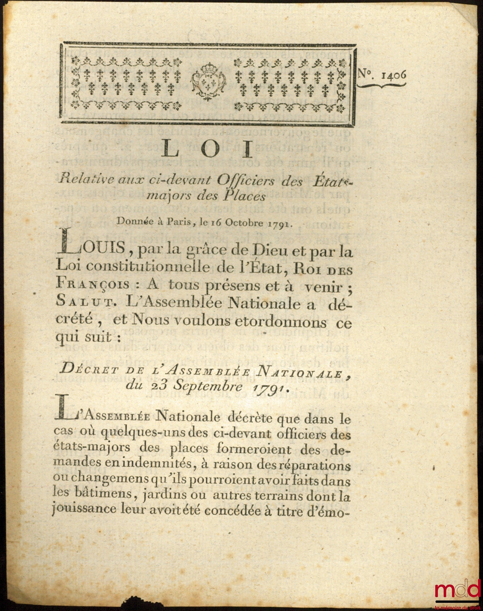 Loi RELATIVE AUX CI-DEVANT OFFICIERS DES ÉTATS-MAJORS DES PLACES. Signé Louis M. L. F. Duport. Donnée à Paris, le 16 Octobre 1791, Département de la Nièvre, bull. n° 1406